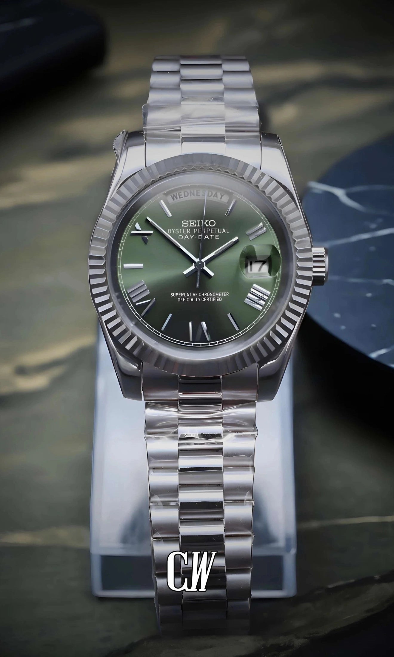 Seikojust mod daydate olive green roman automatic watch - Circa Watch Labs seiko mod