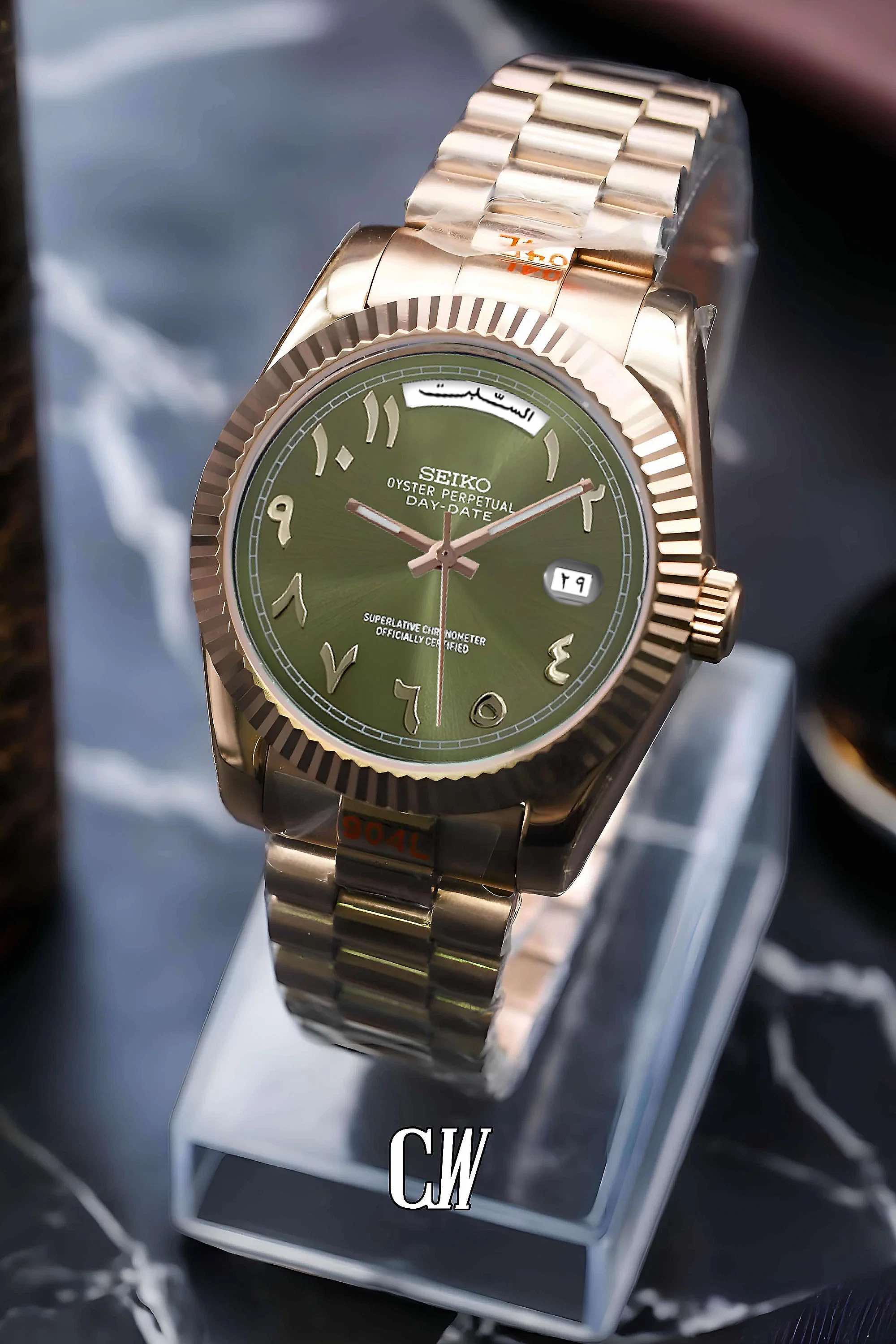 Seikojust mod daydate olive green rose gold arabic automatic watch - Circa Watch Labs seiko mod