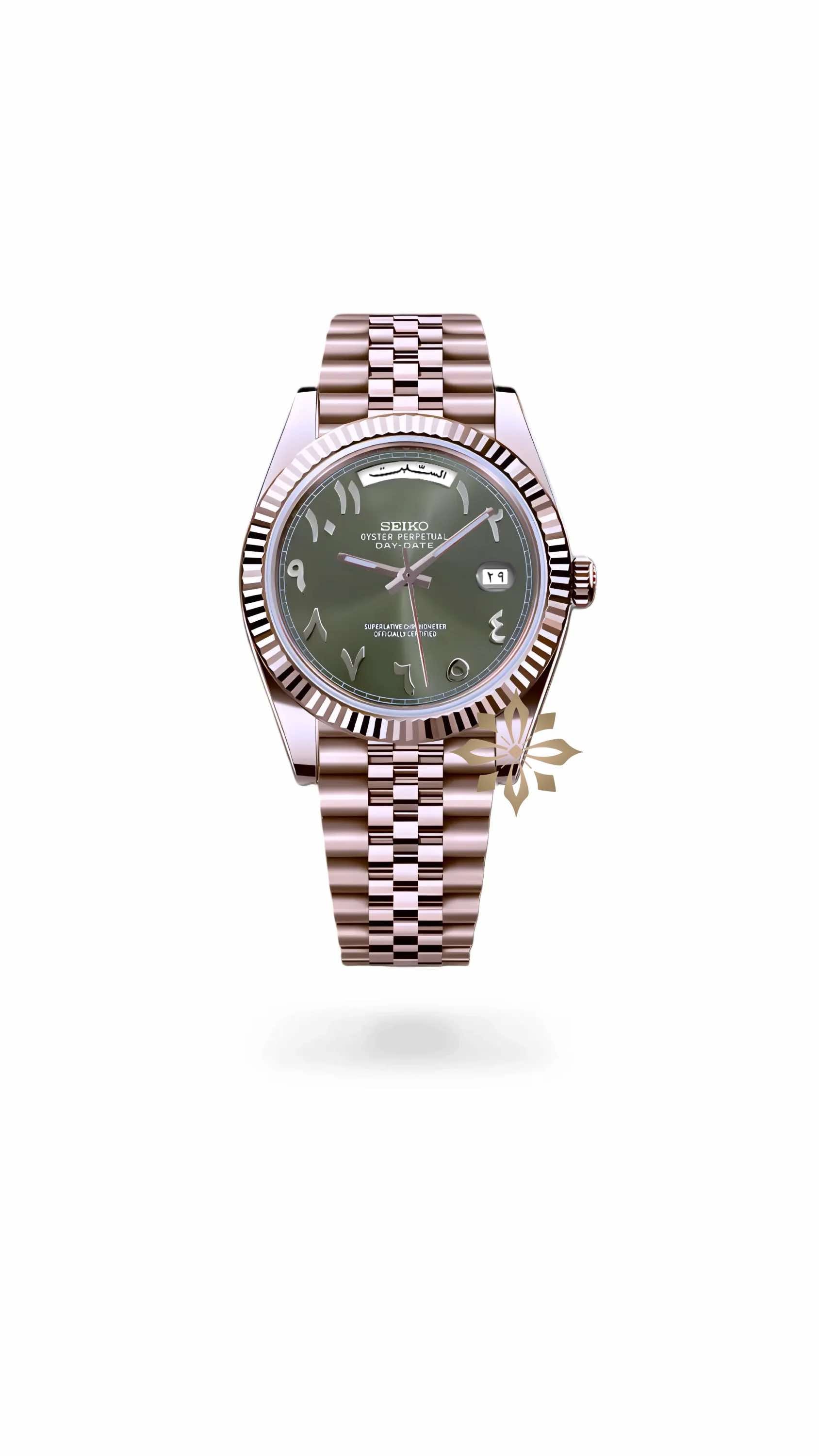 Seikojust mod daydate olive green rose gold arabic automatic watch - Circa Watch Labs