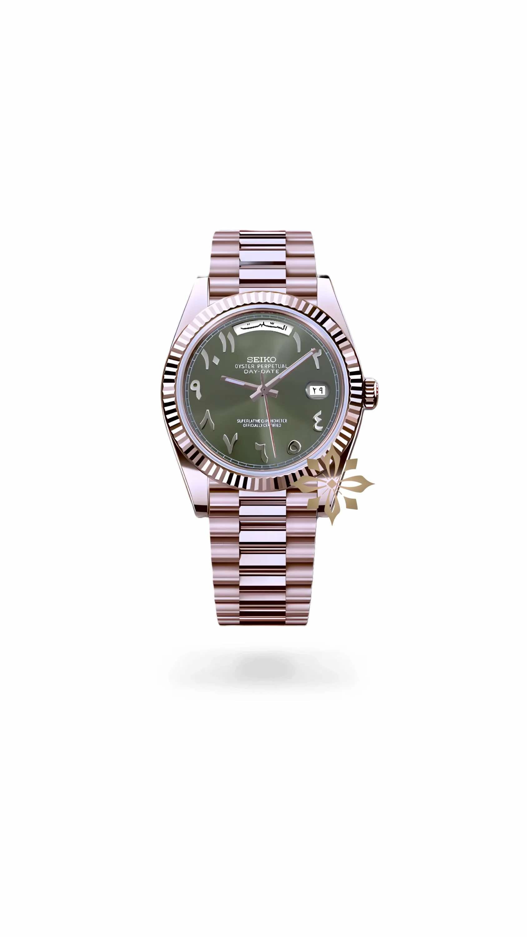Seikojust mod daydate olive green rose gold arabic automatic watch - Circa Watch Labs seiko mod