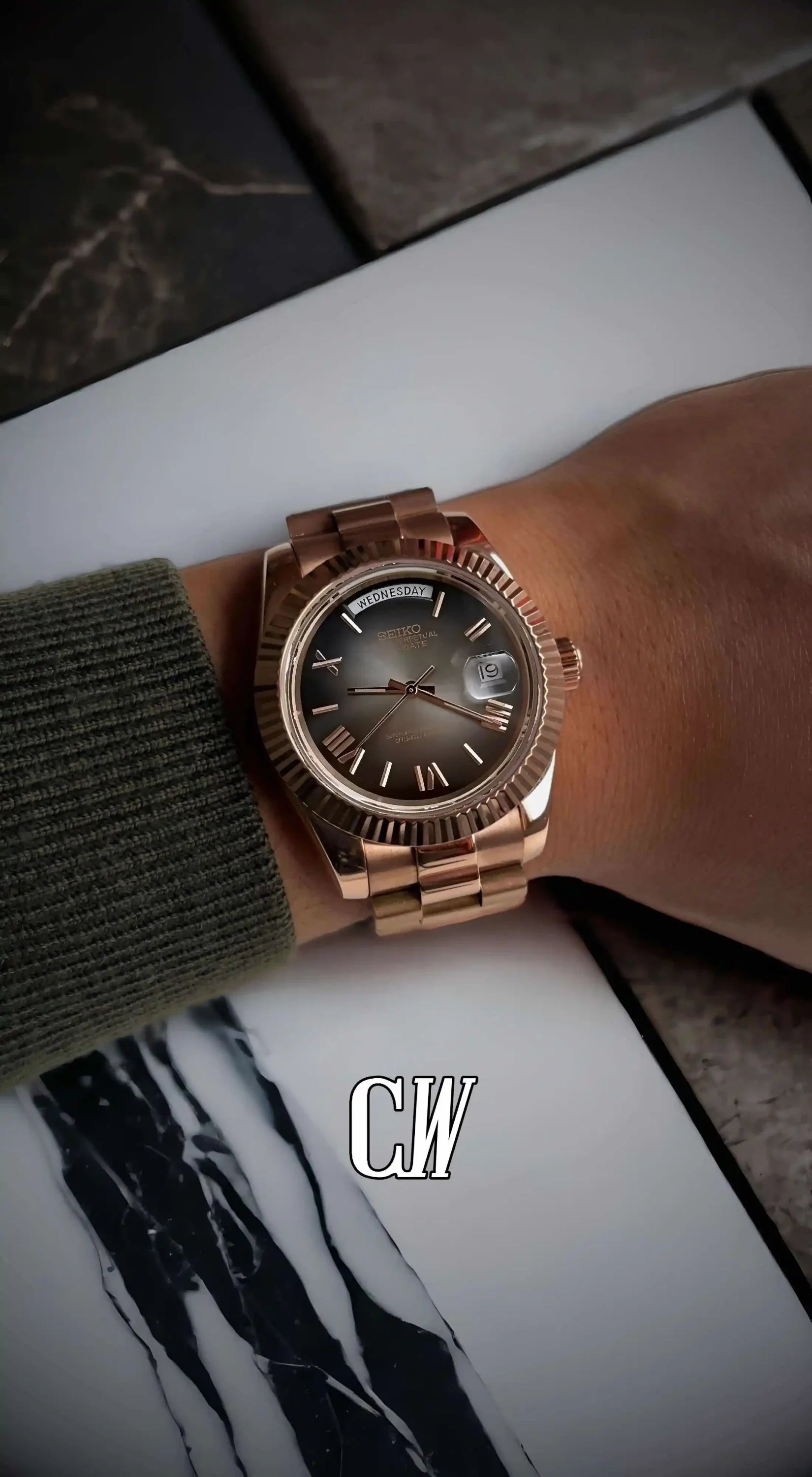 Seikojust mod daydate ombré rose gold roman numeral automatic watch - Circa Watch Labs seiko mod