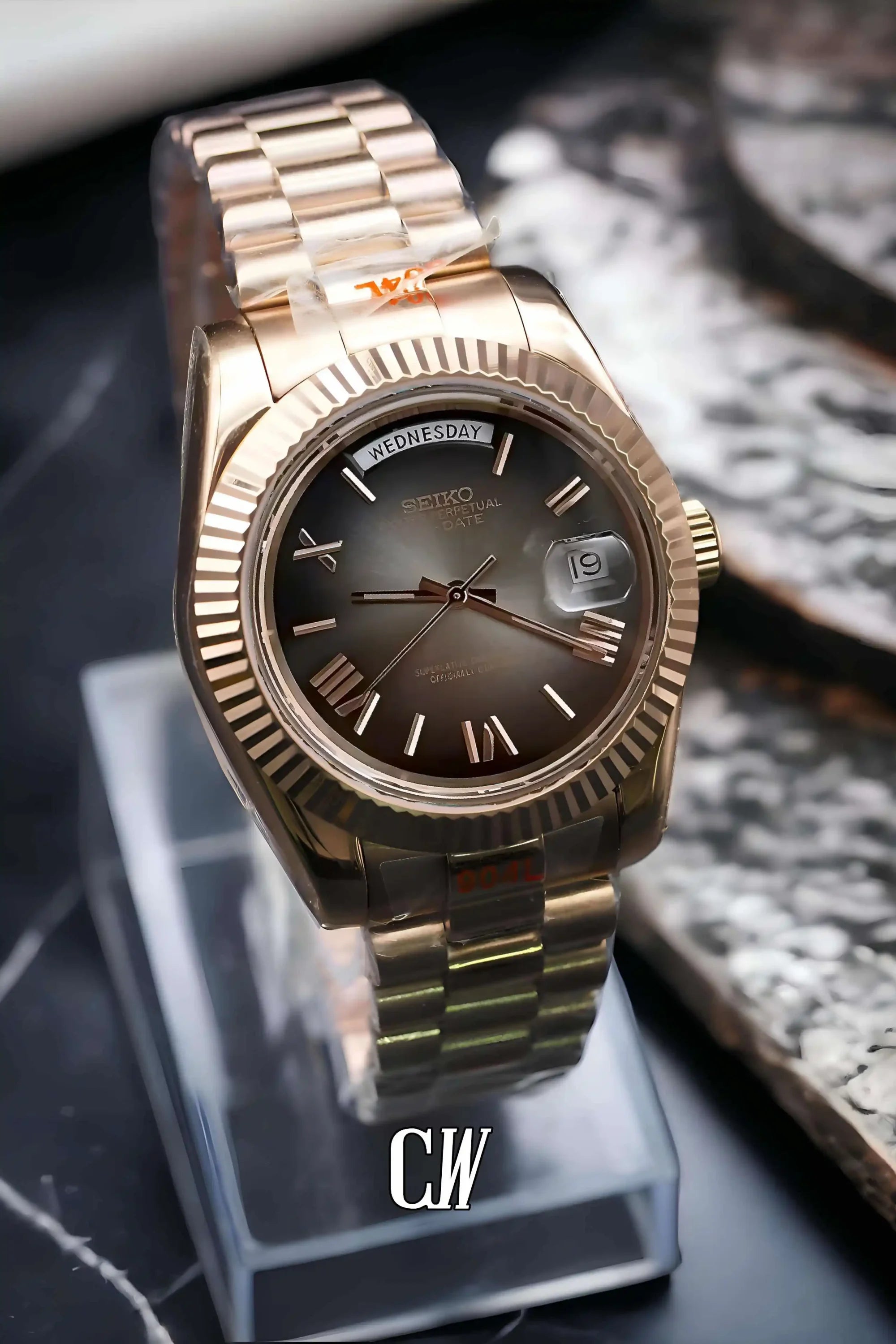 Seikojust mod daydate ombré rose gold roman numeral automatic watch - Circa Watch Labs seiko mod