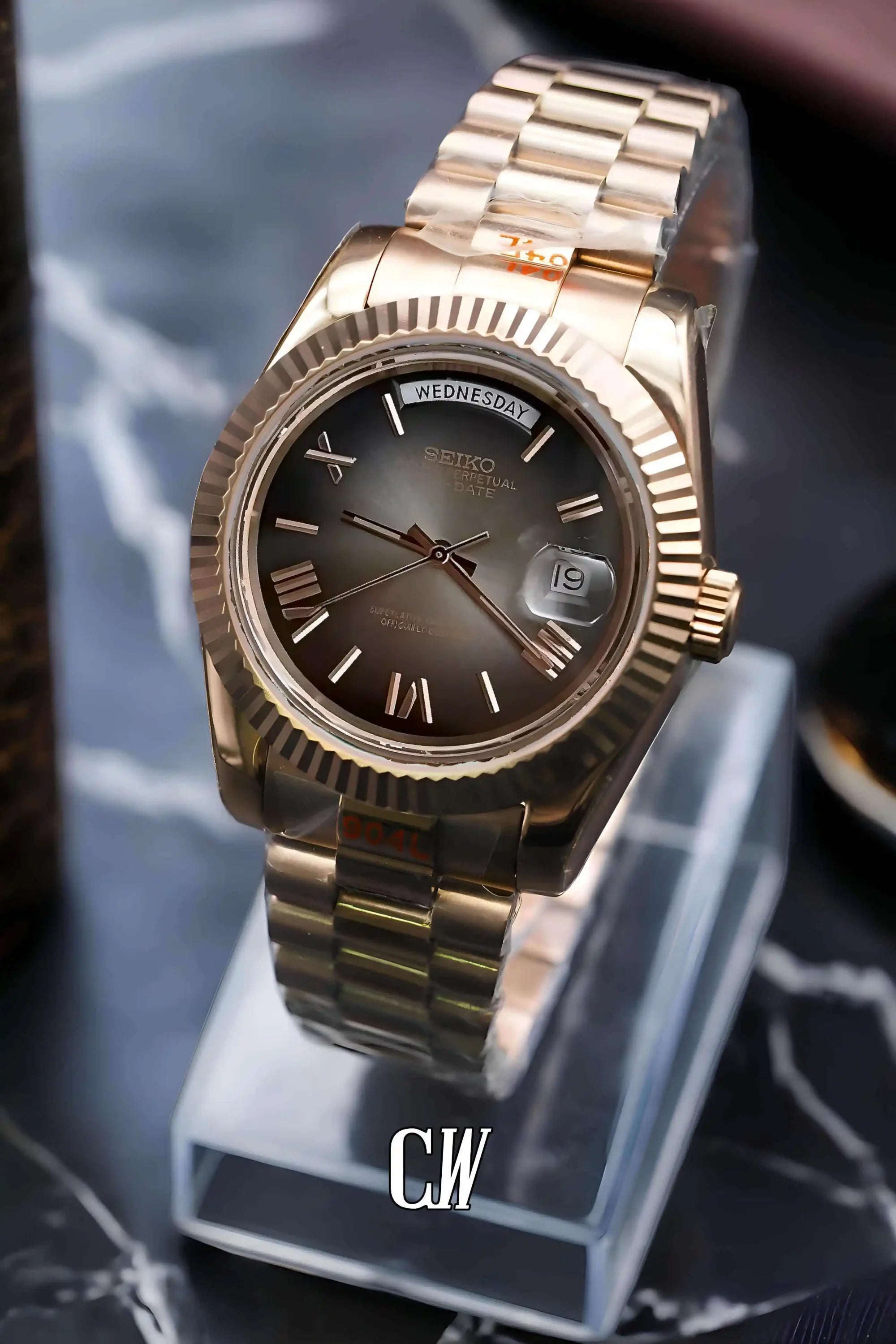 Seikojust mod daydate ombré rose gold roman numeral automatic watch - Circa Watch Labs seiko mod