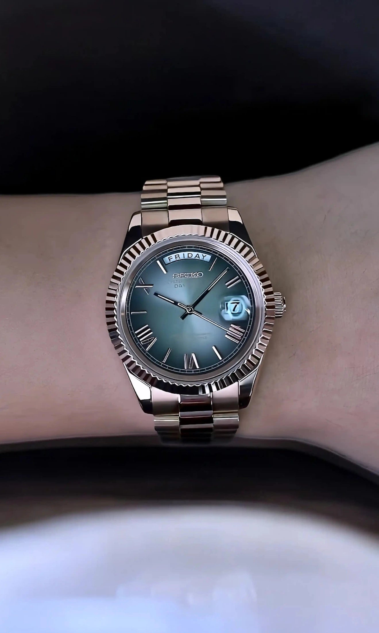 Seikojust mod daydate ombré rose gold roman numeral automatic watch - Circa Watch Labs seiko mod