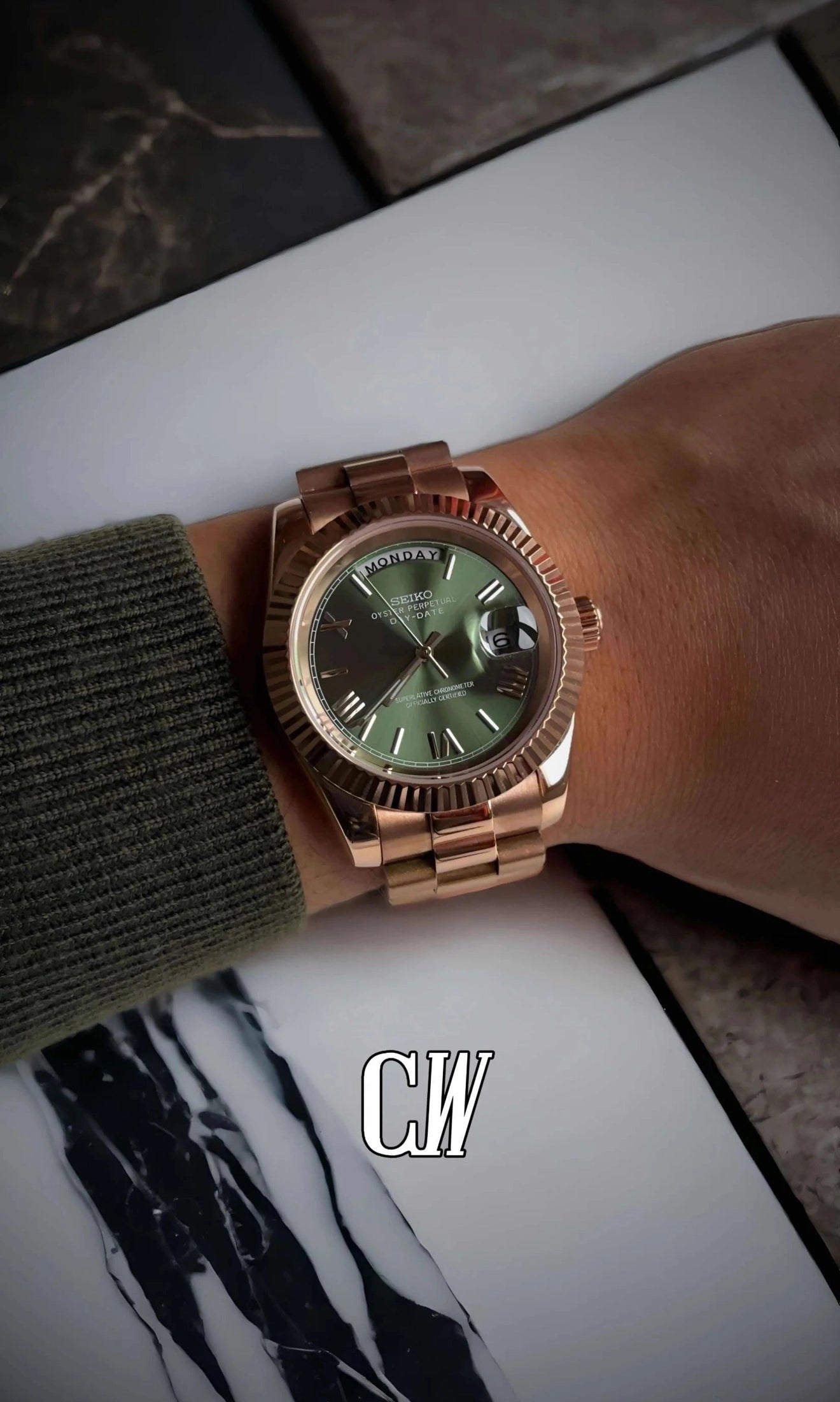 Seikojust mod daydate rose gold automatic watch - Circa Watch Labs seiko mod