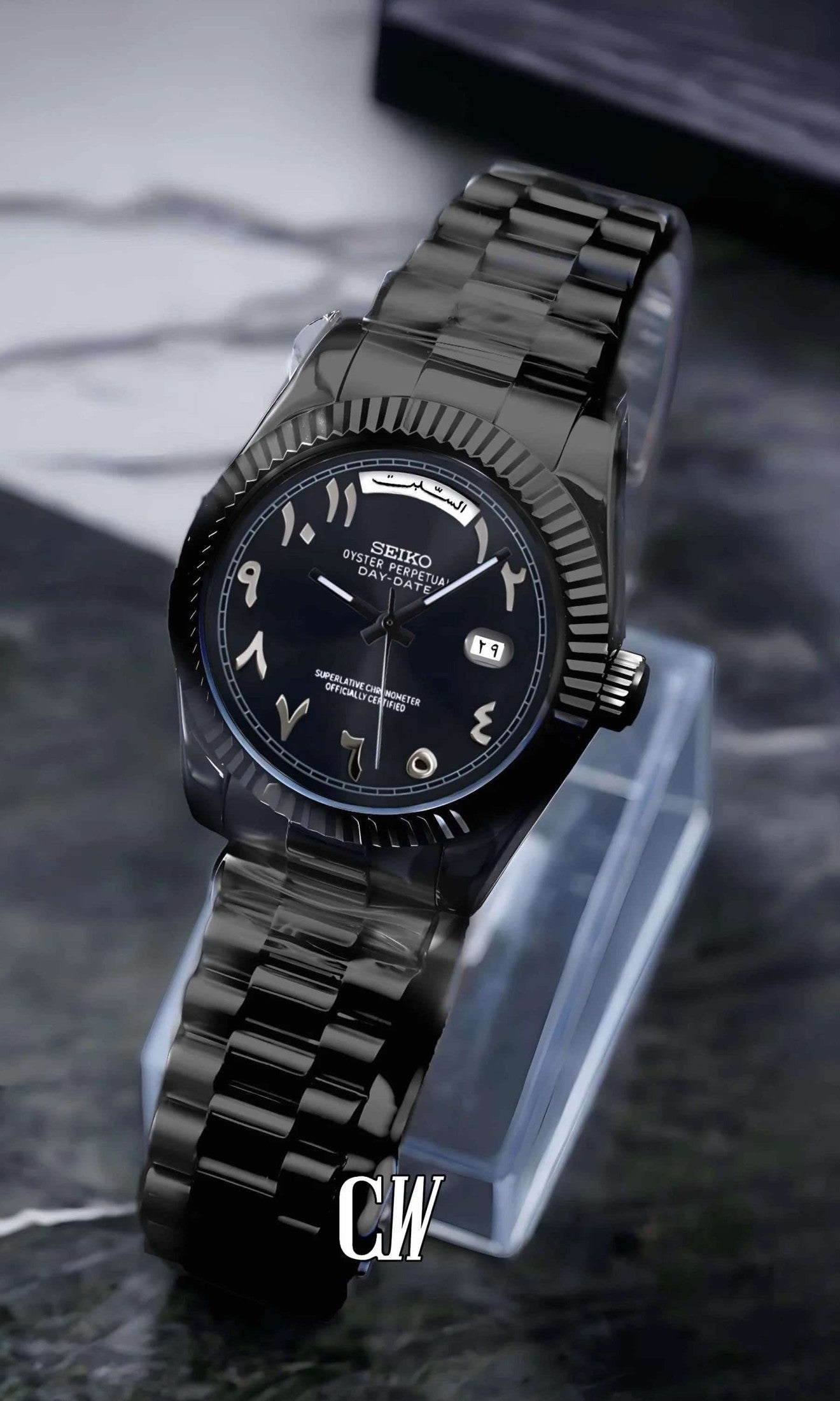 Seikojust mod daydate triple black arabic automatic watch - Circa Watch Labs