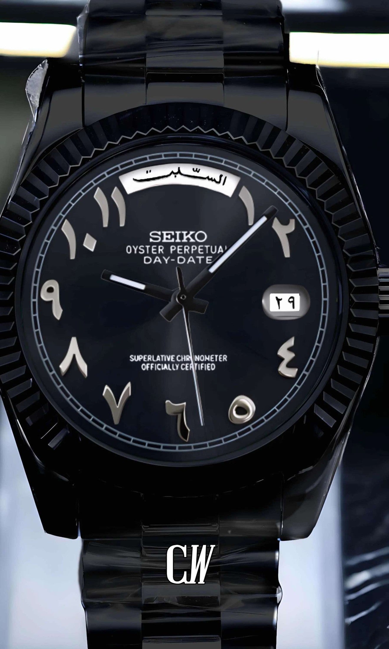 Seikojust mod daydate triple black arabic automatic watch - Circa Watch Labs seiko mod