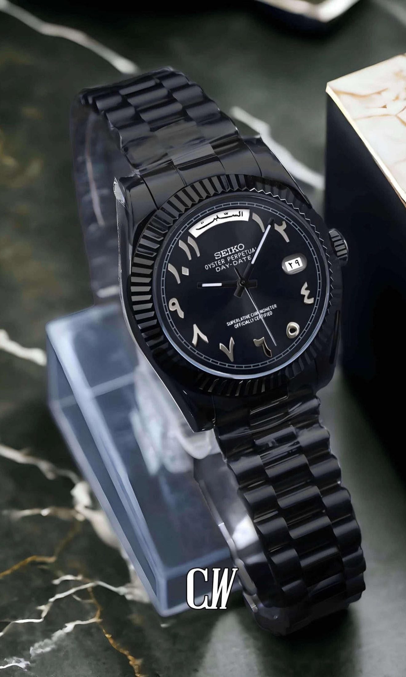 Seikojust mod daydate triple black arabic automatic watch - Circa Watch Labs seiko mod