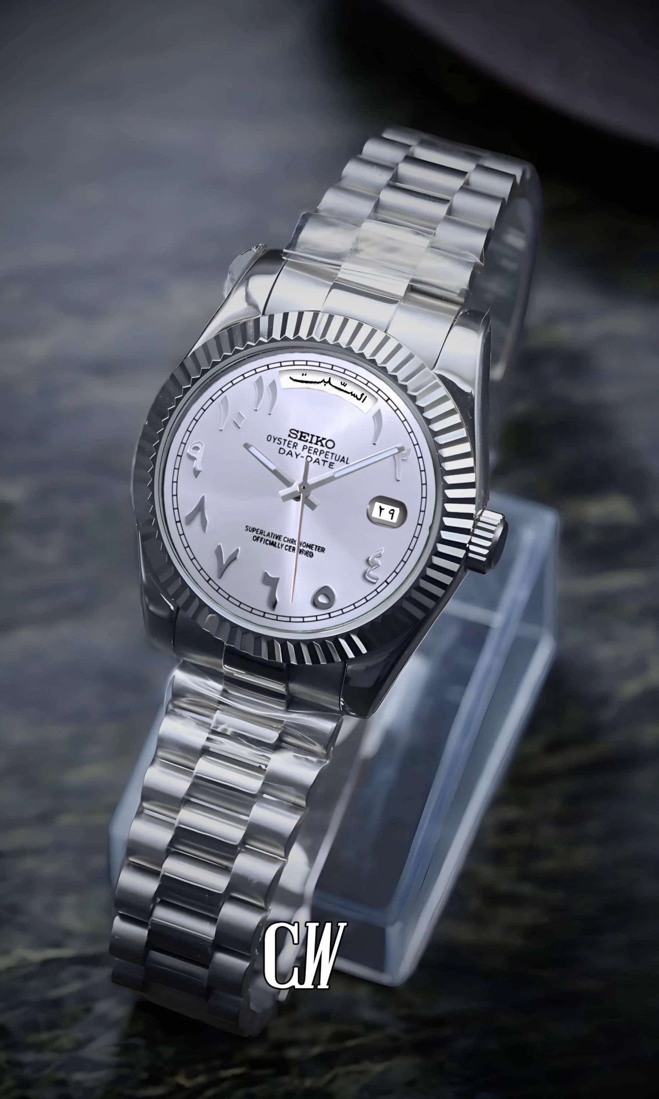 Seikojust mod daydate white arabic automatic watch - Circa Watch Labs seiko mod