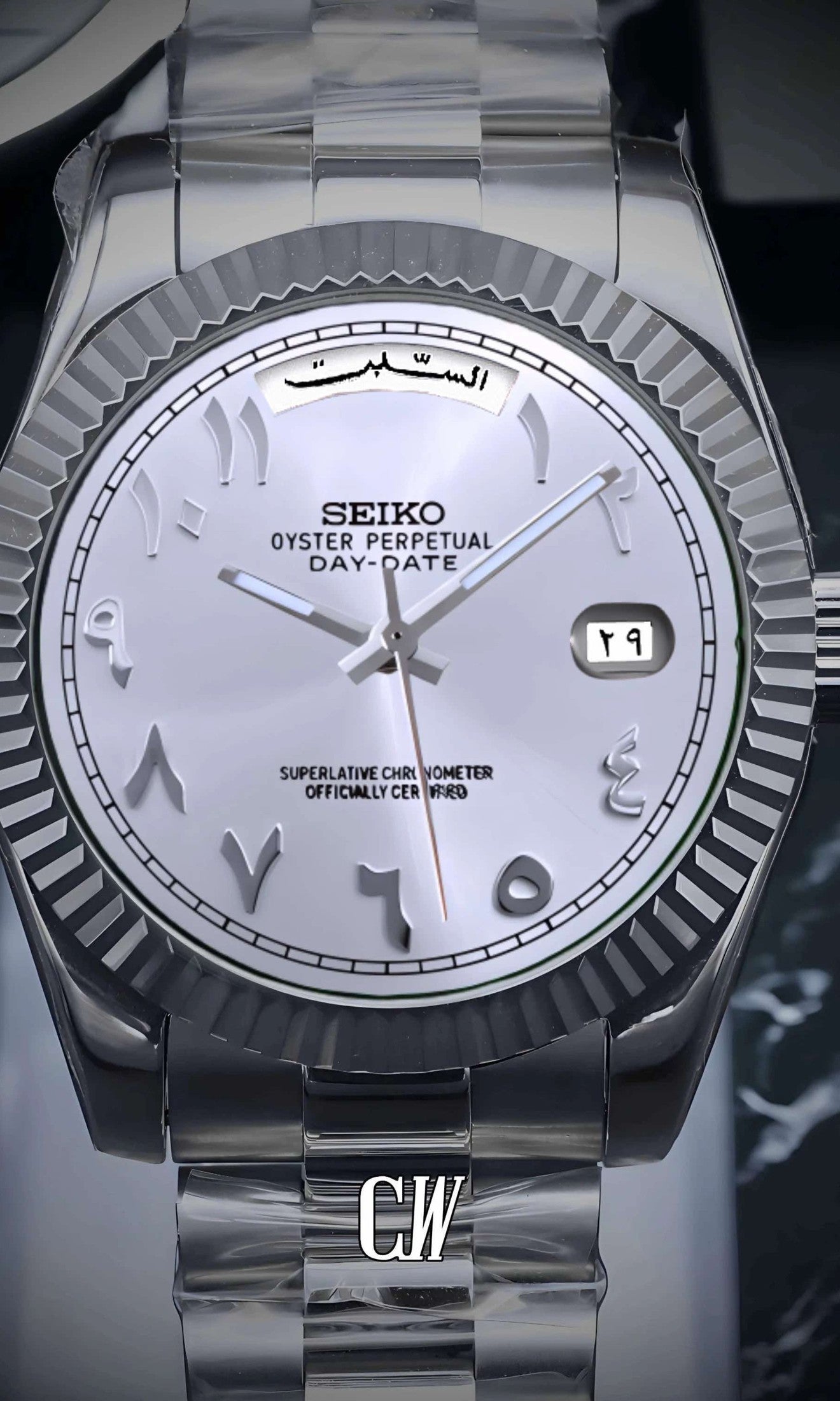 Seikojust mod daydate white arabic automatic watch - Circa Watch Labs seiko mod