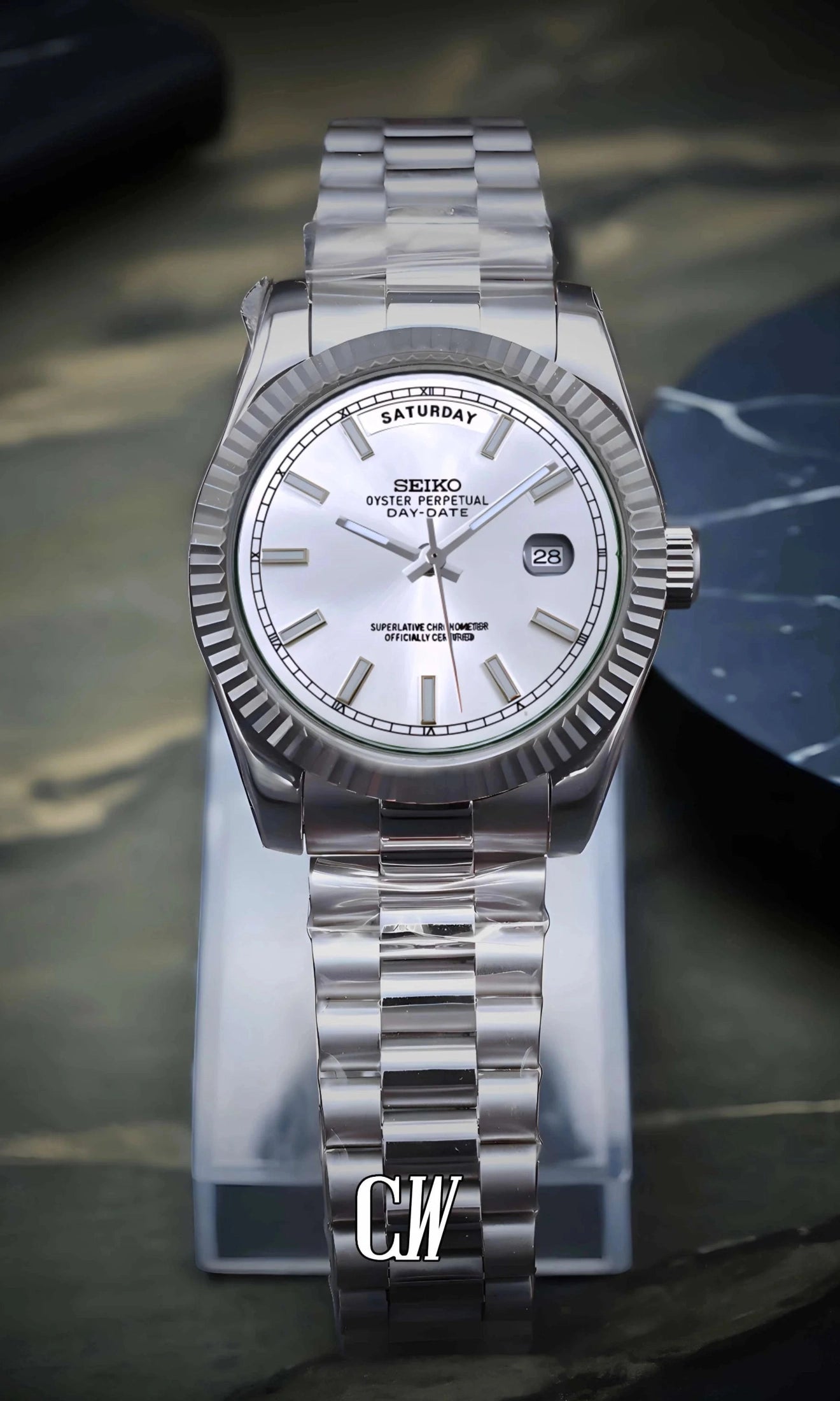Seikojust mod daydate white automatic watch - Circa Watch Labs seiko mod