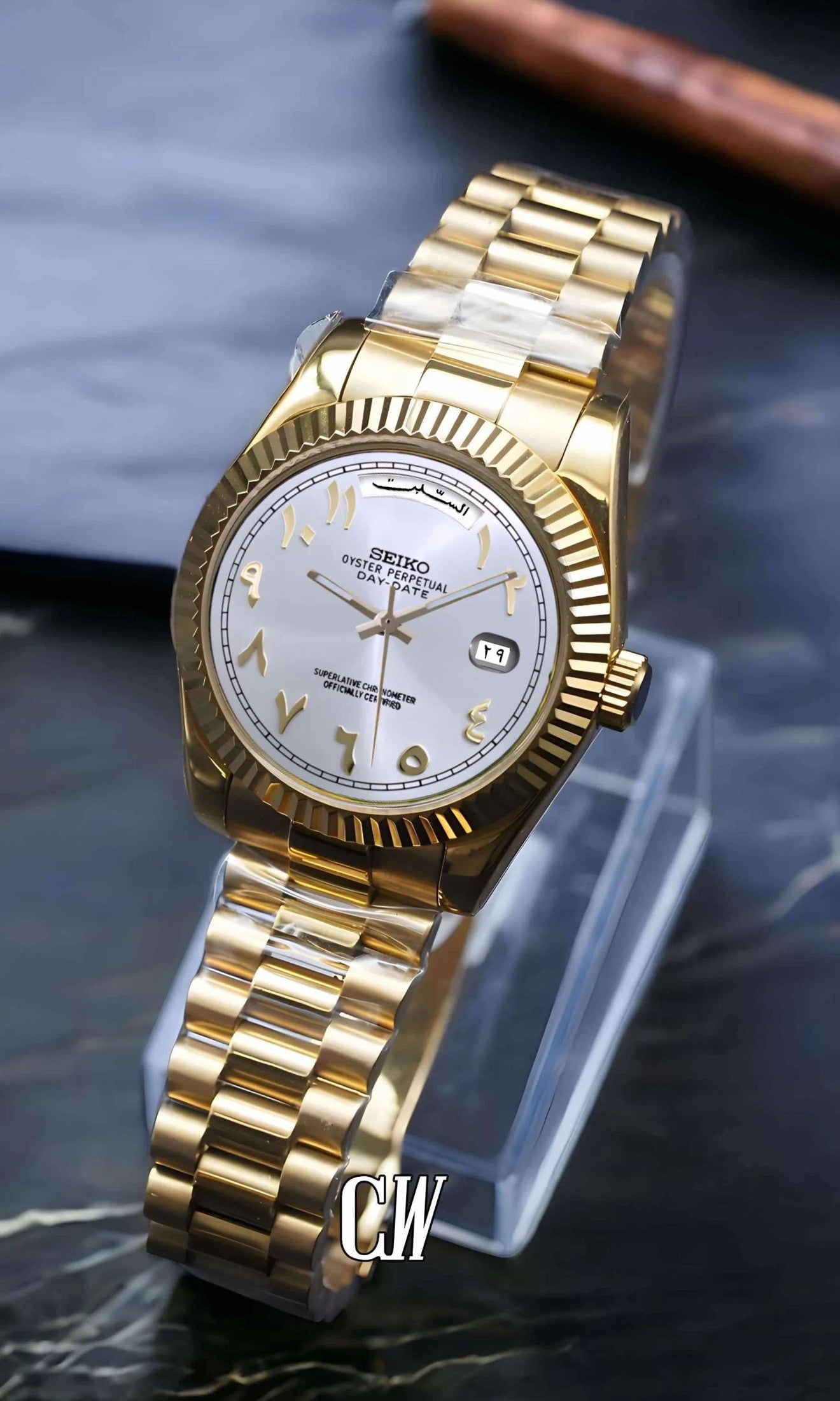 Seikojust mod daydate white gold arabic automatic watch - Circa Watch Labs