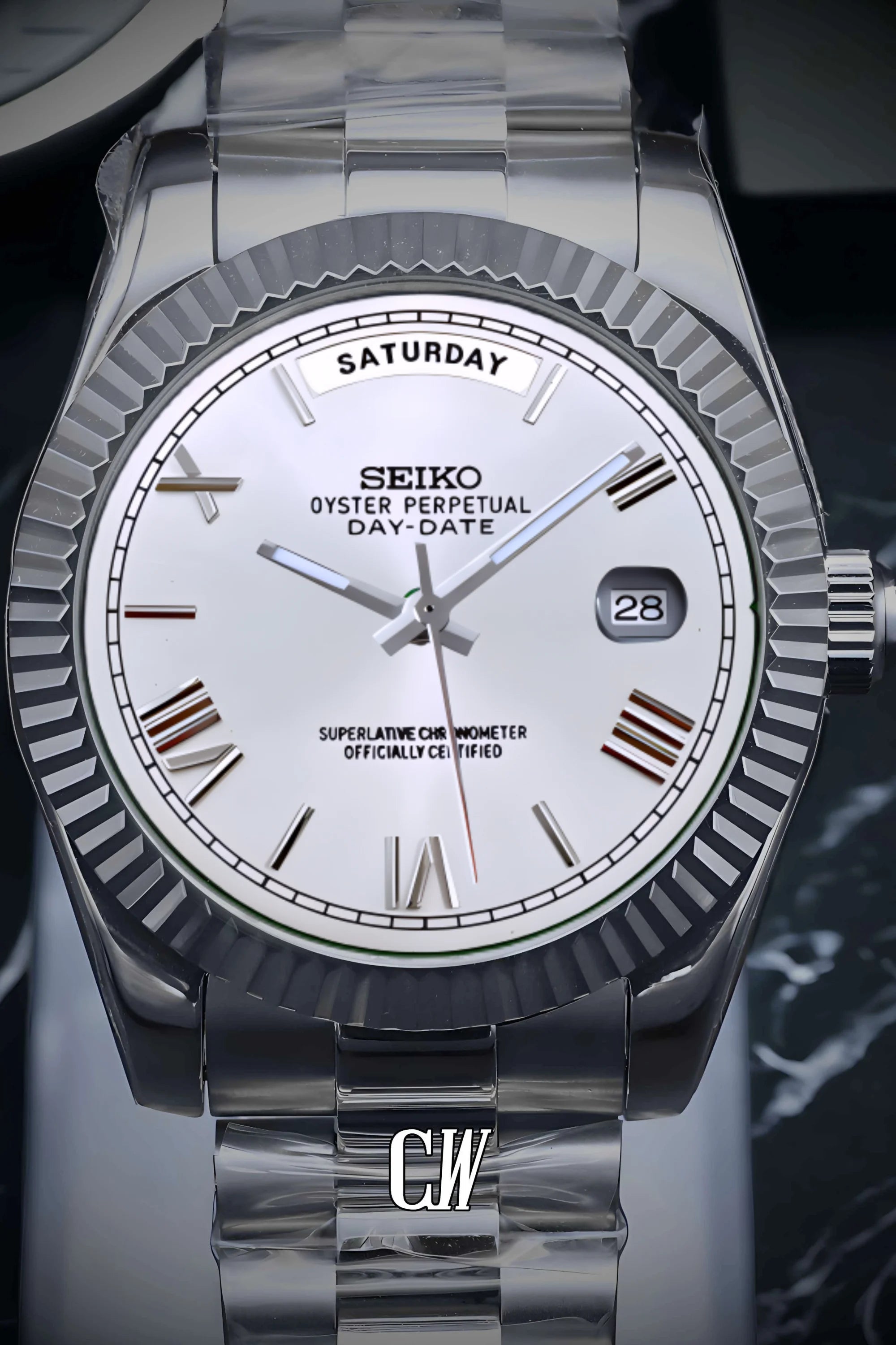 Seikojust mod daydate white roman numeral automatic watch - Circa Watch Labs seiko mod