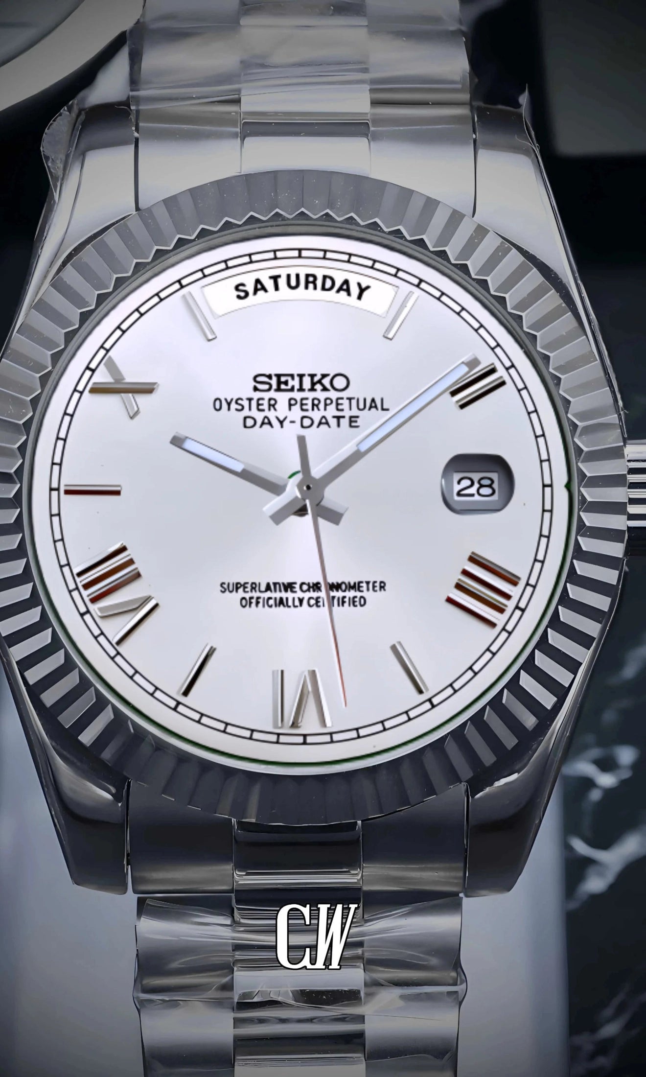 Seikojust mod daydate white roman numeral automatic watch - Circa Watch Labs