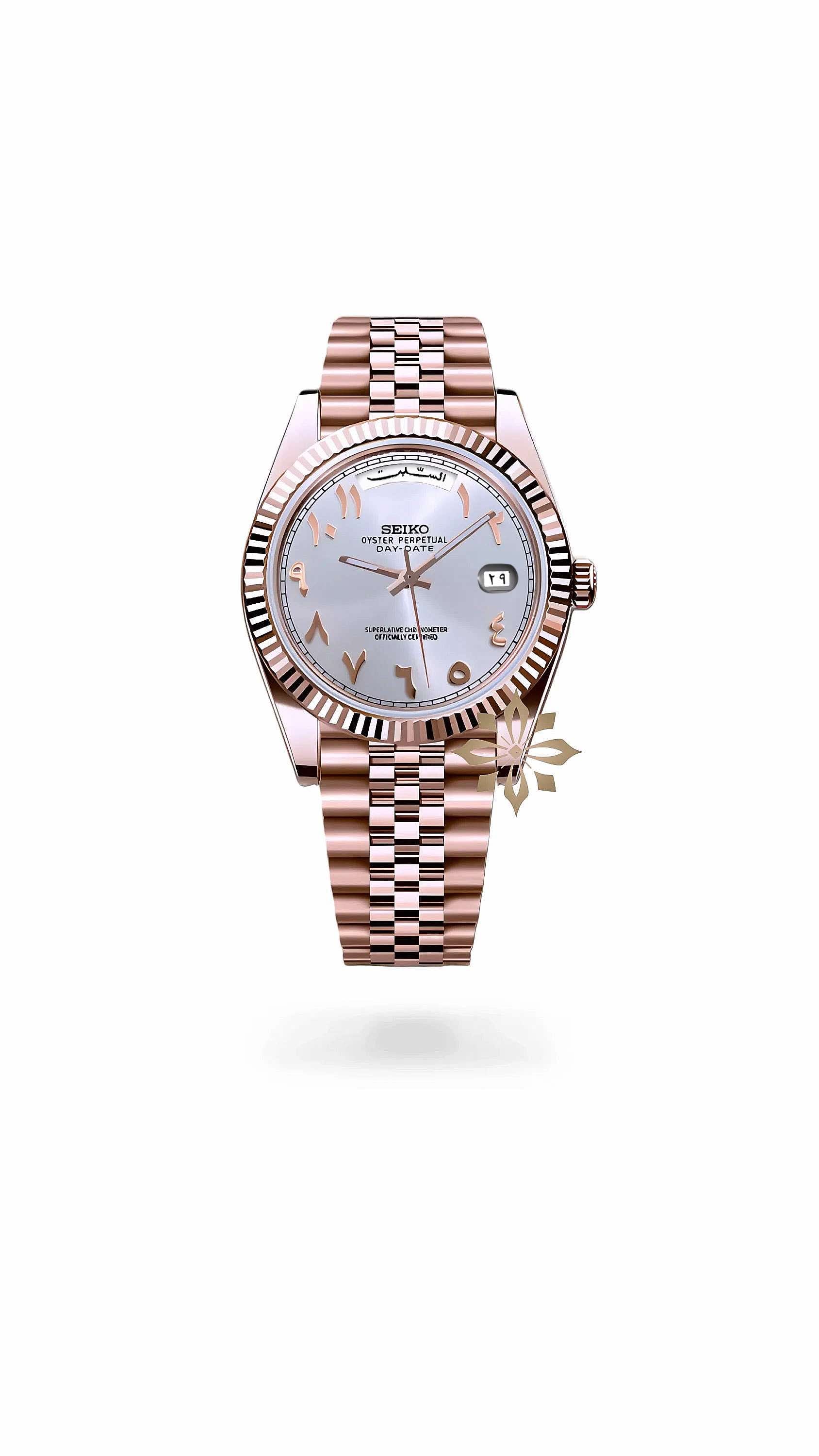Seikojust mod daydate white rose gold arabic automatic watch - Circa Watch Labs