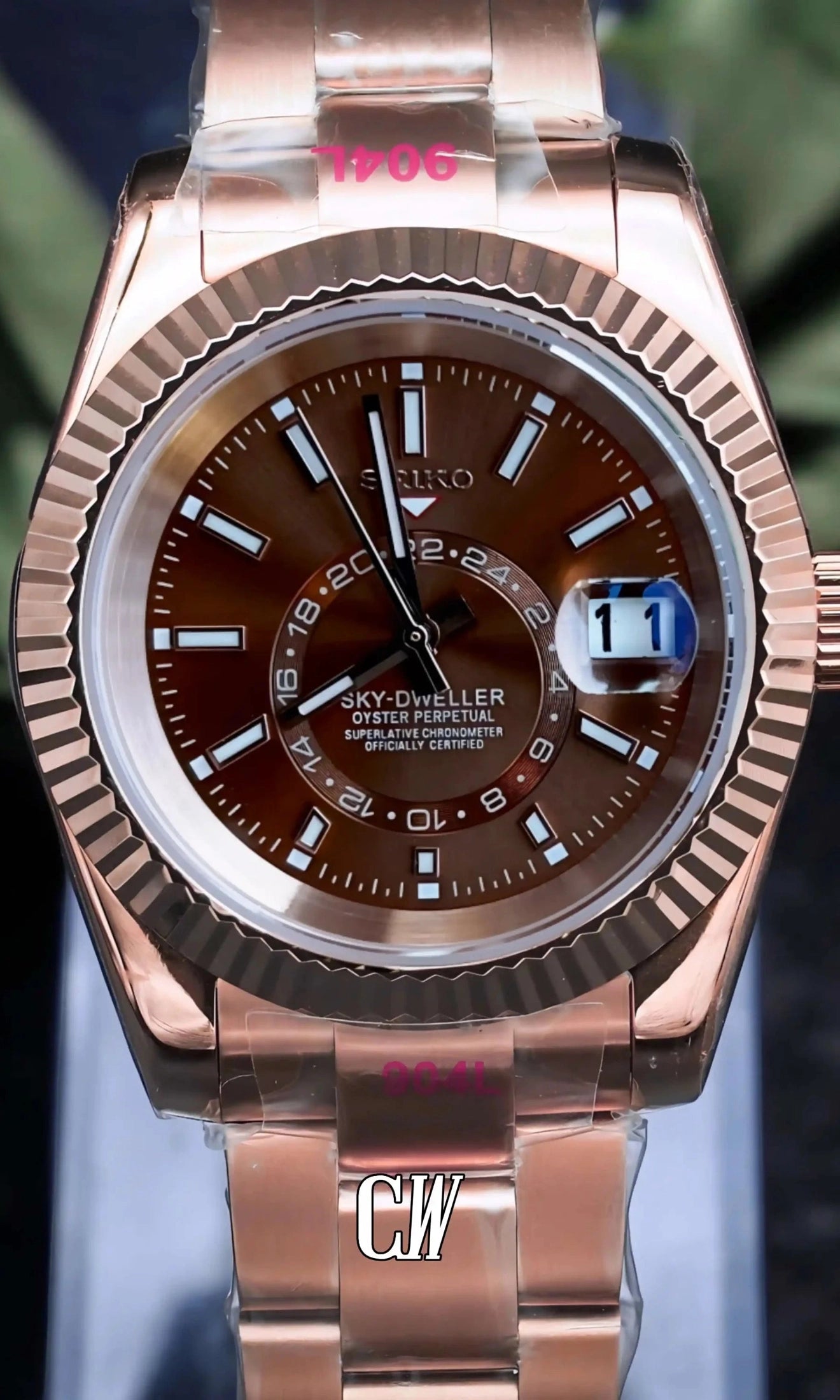Seikojust mod skydweller watch brown rose gold - Circa Watch Labs seiko mod