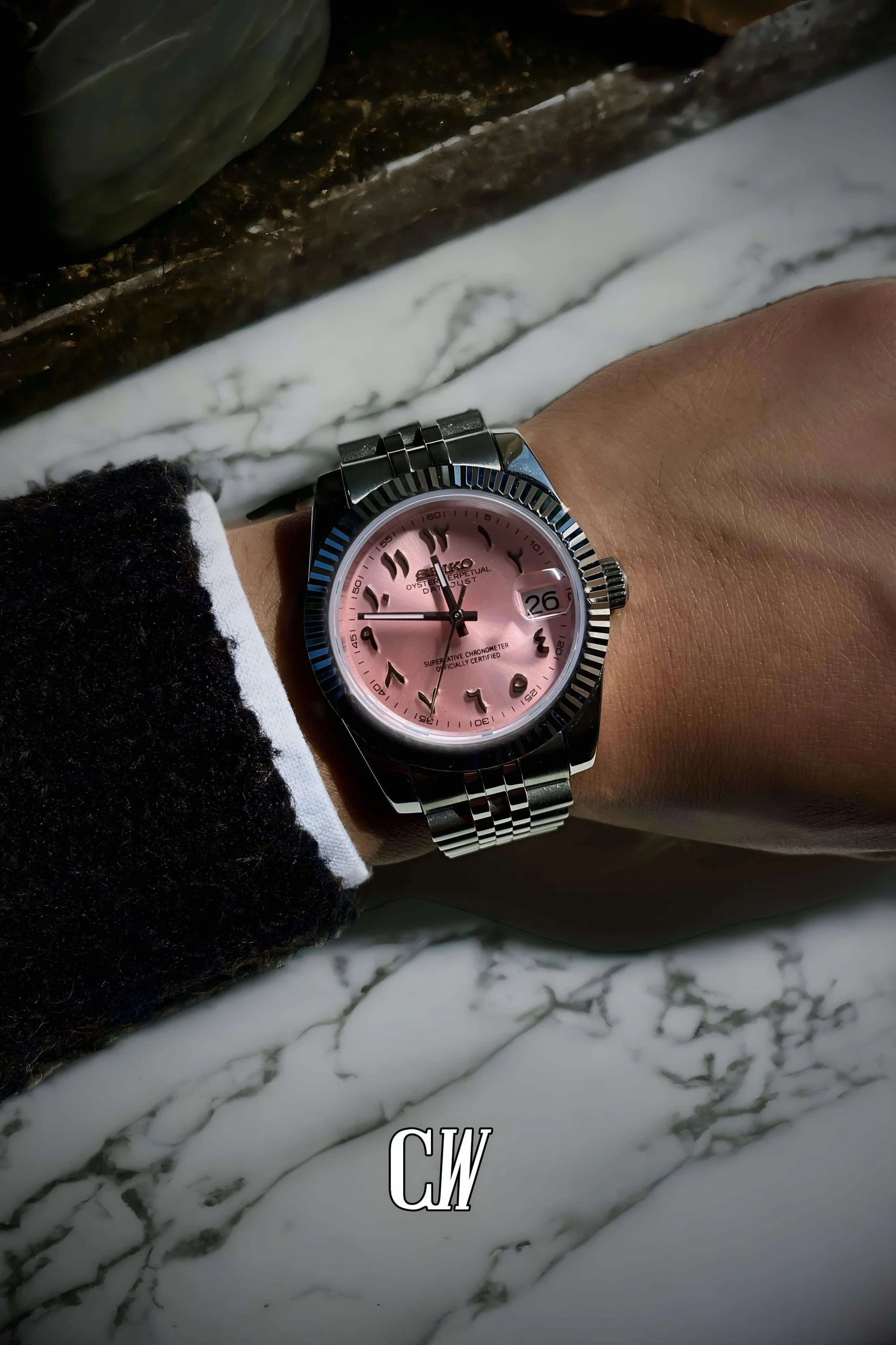Seikojust mod watch 'arabic sunburst pink' - Circa Watch Labs seiko mod