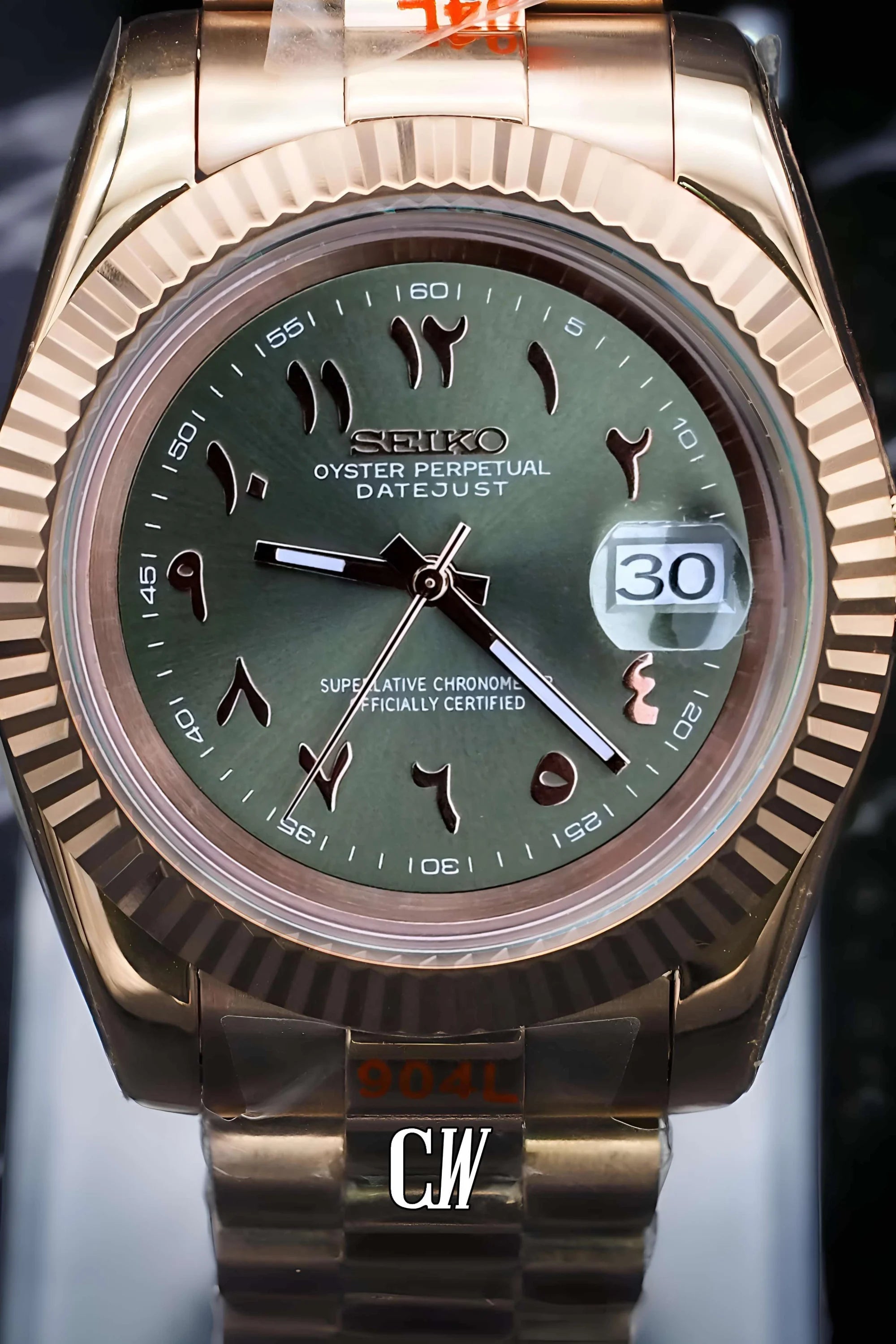 Seikojust mod watch rose gold 'arabic olive green' - Circa Watch Labs seiko mod