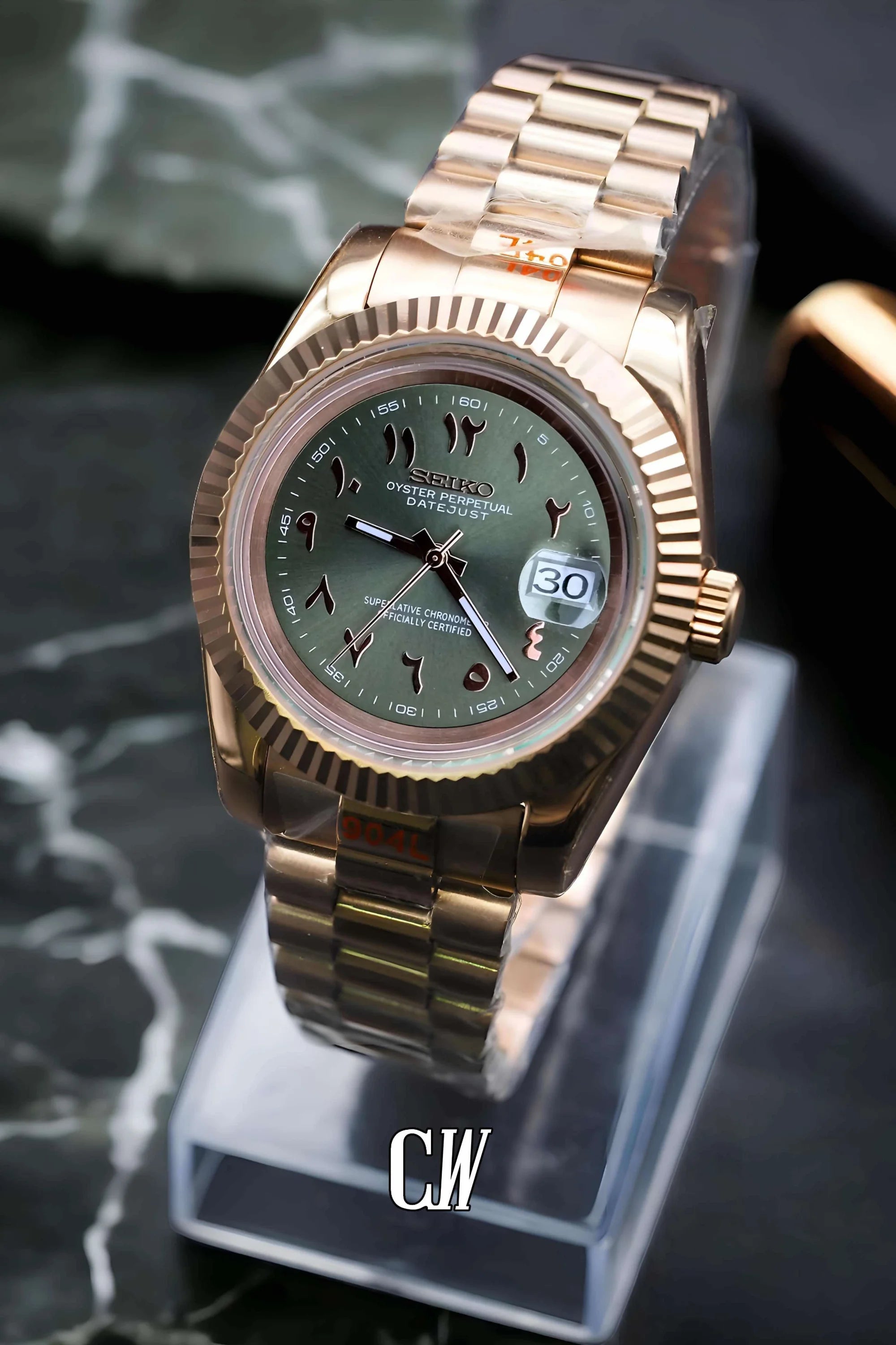 Seikojust mod watch rose gold 'arabic olive green' - Circa Watch Labs seiko mod