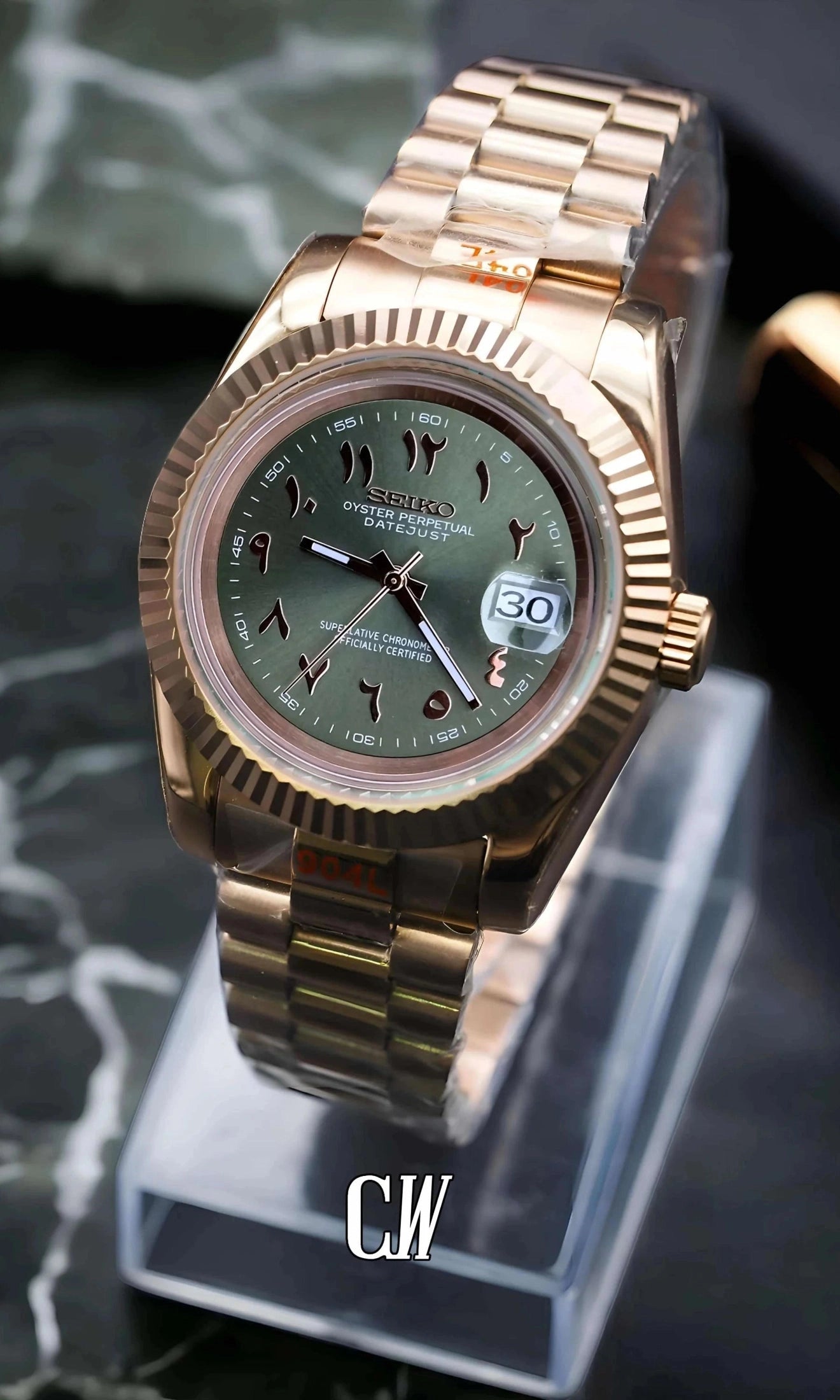 Seikojust mod watch rose gold 'arabic olive green' - Circa Watch Labs