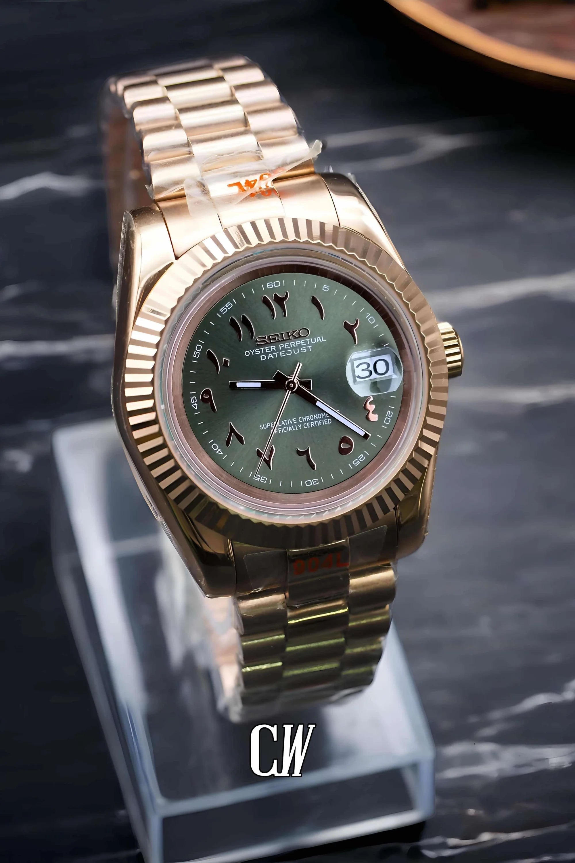 Seikojust mod watch rose gold 'arabic olive green' - Circa Watch Labs seiko mod