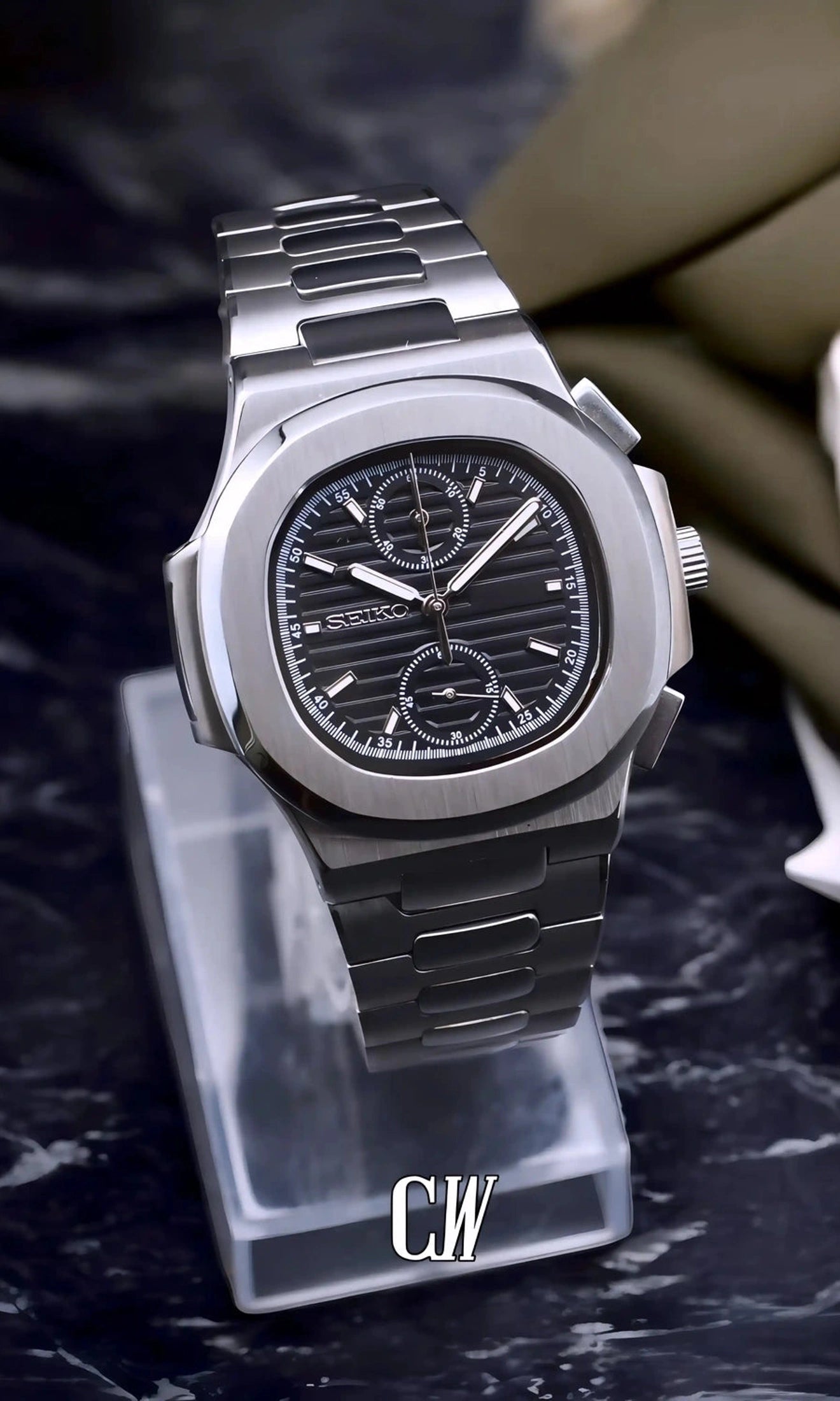 Seikonautilus mod chronograph watch black - Circa Watch Labs