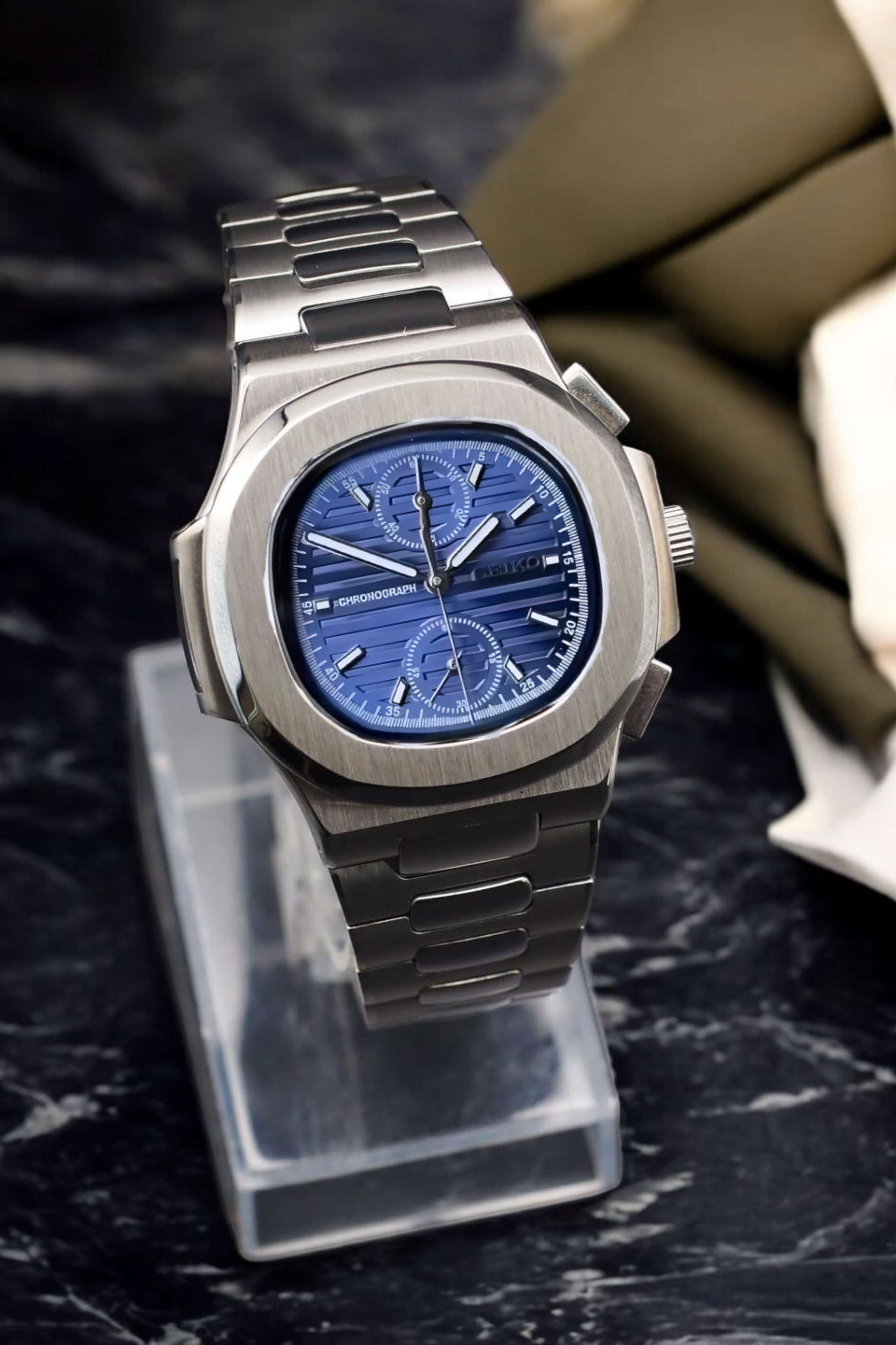Seikonautilus mod chronograph watch blue - Circa Watch Labs seiko mod