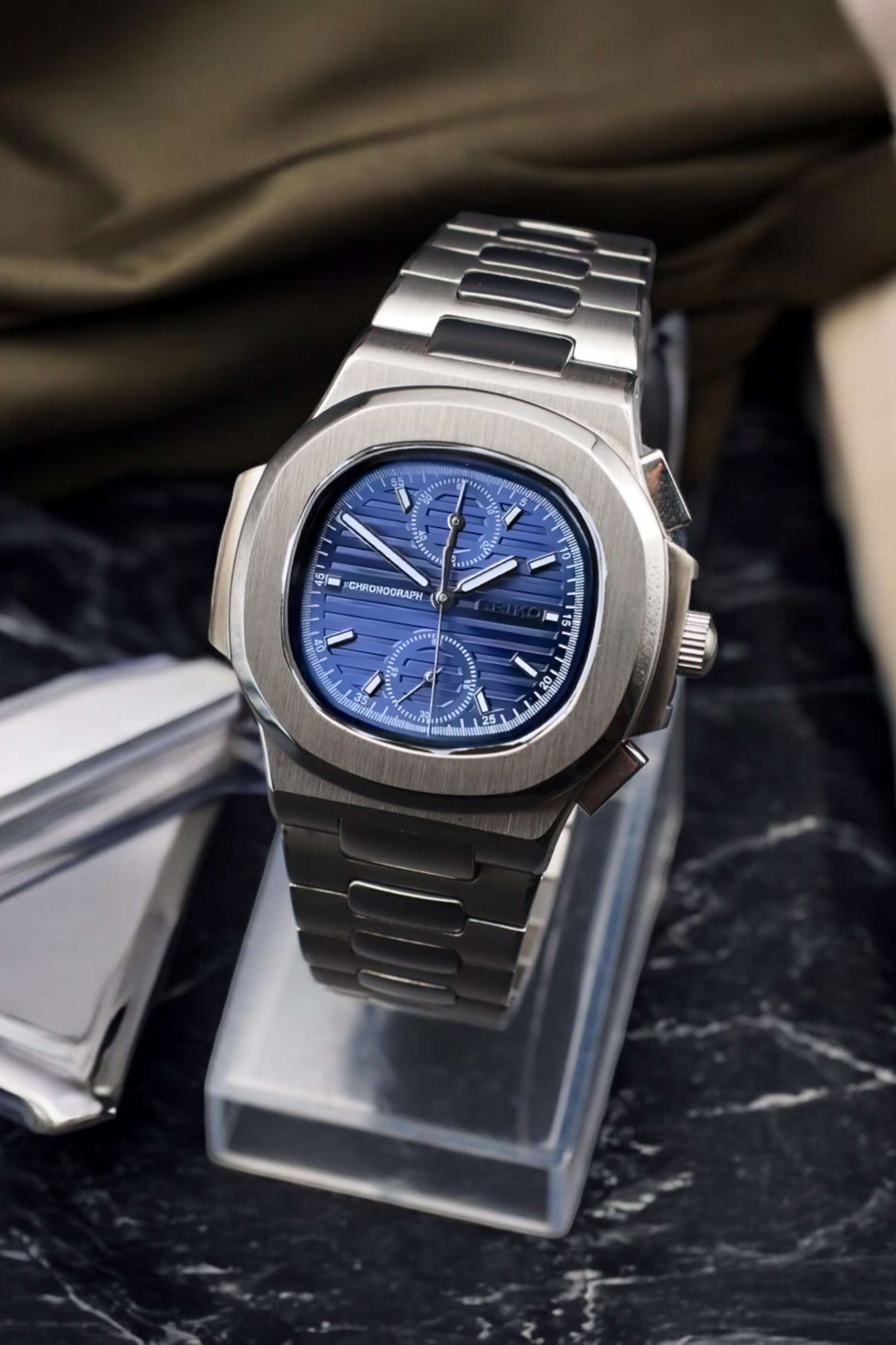 Seikonautilus mod chronograph watch blue - Circa Watch Labs seiko mod