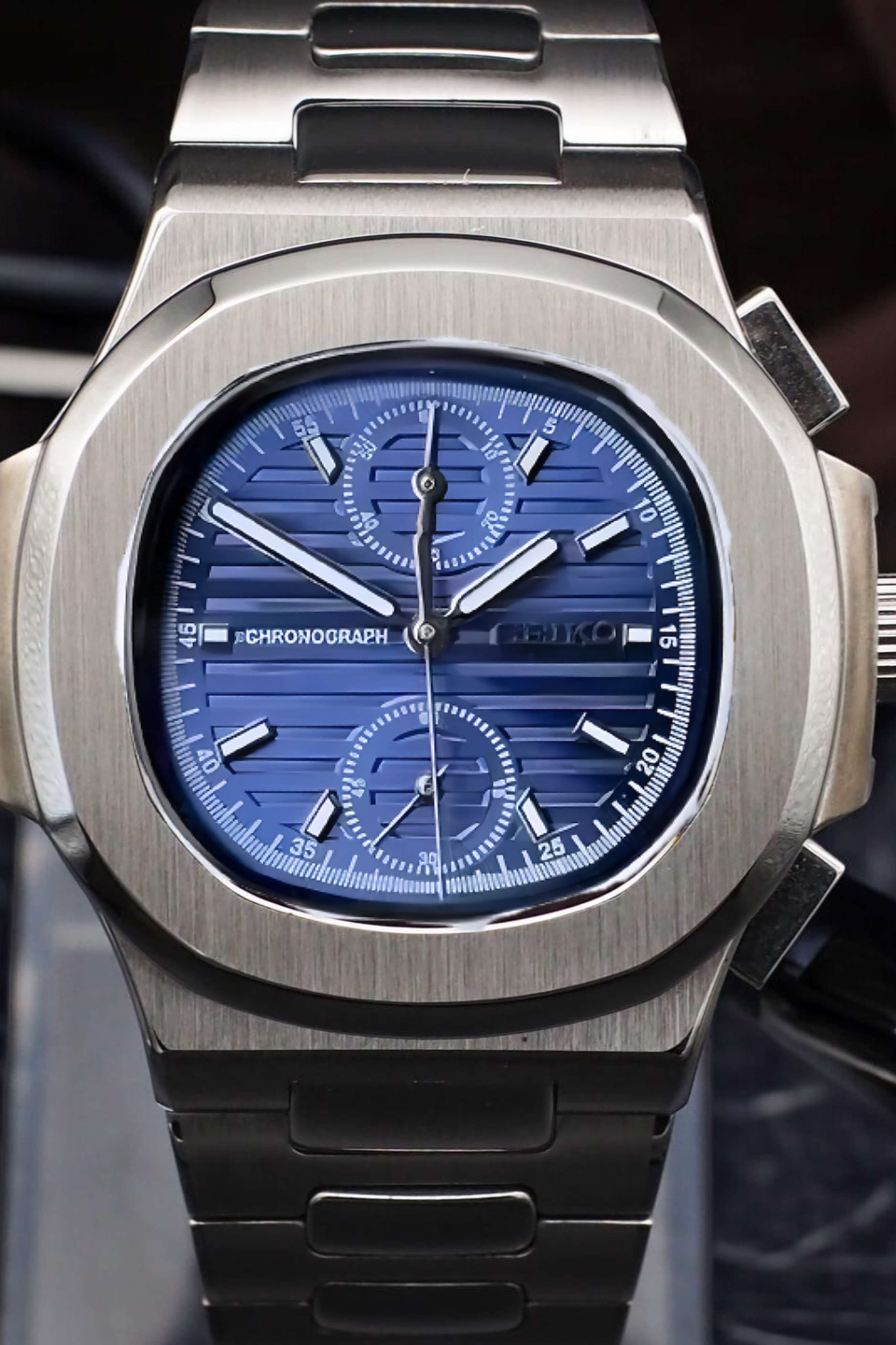 Seikonautilus mod chronograph watch blue - Circa Watch Labs seiko mod