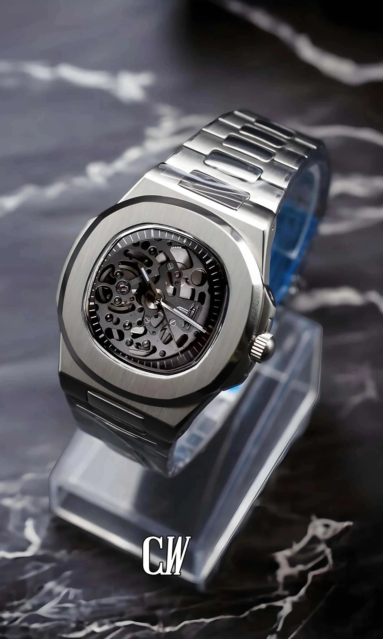 seiko mod Seikonautilus mod skeleton watch silver