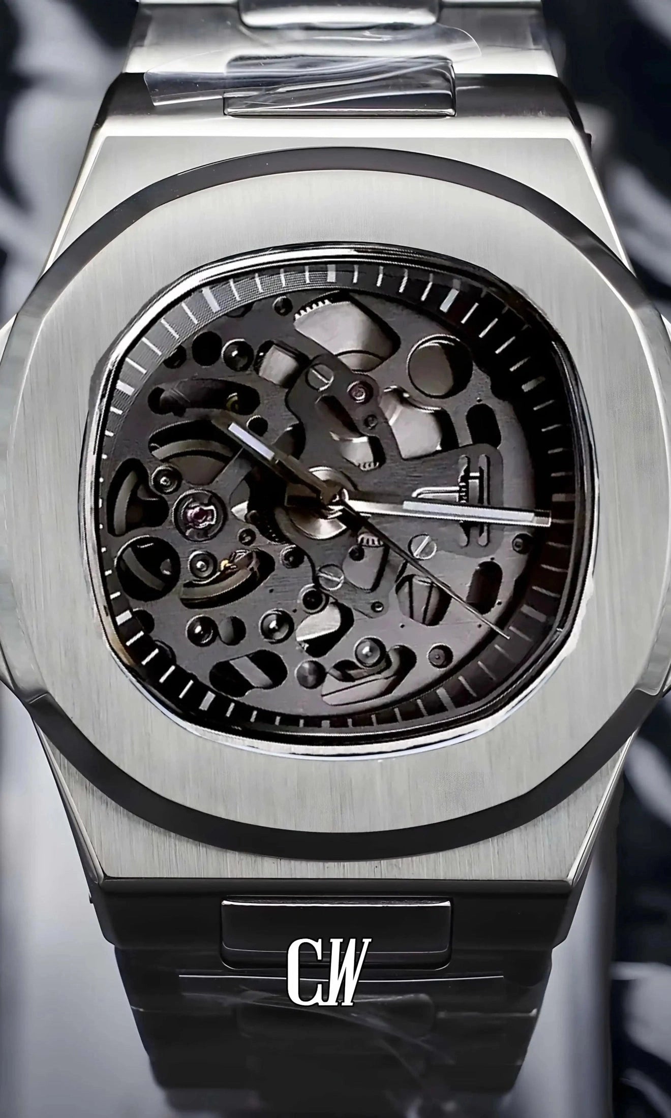 seiko mod Seikonautilus mod skeleton watch silver