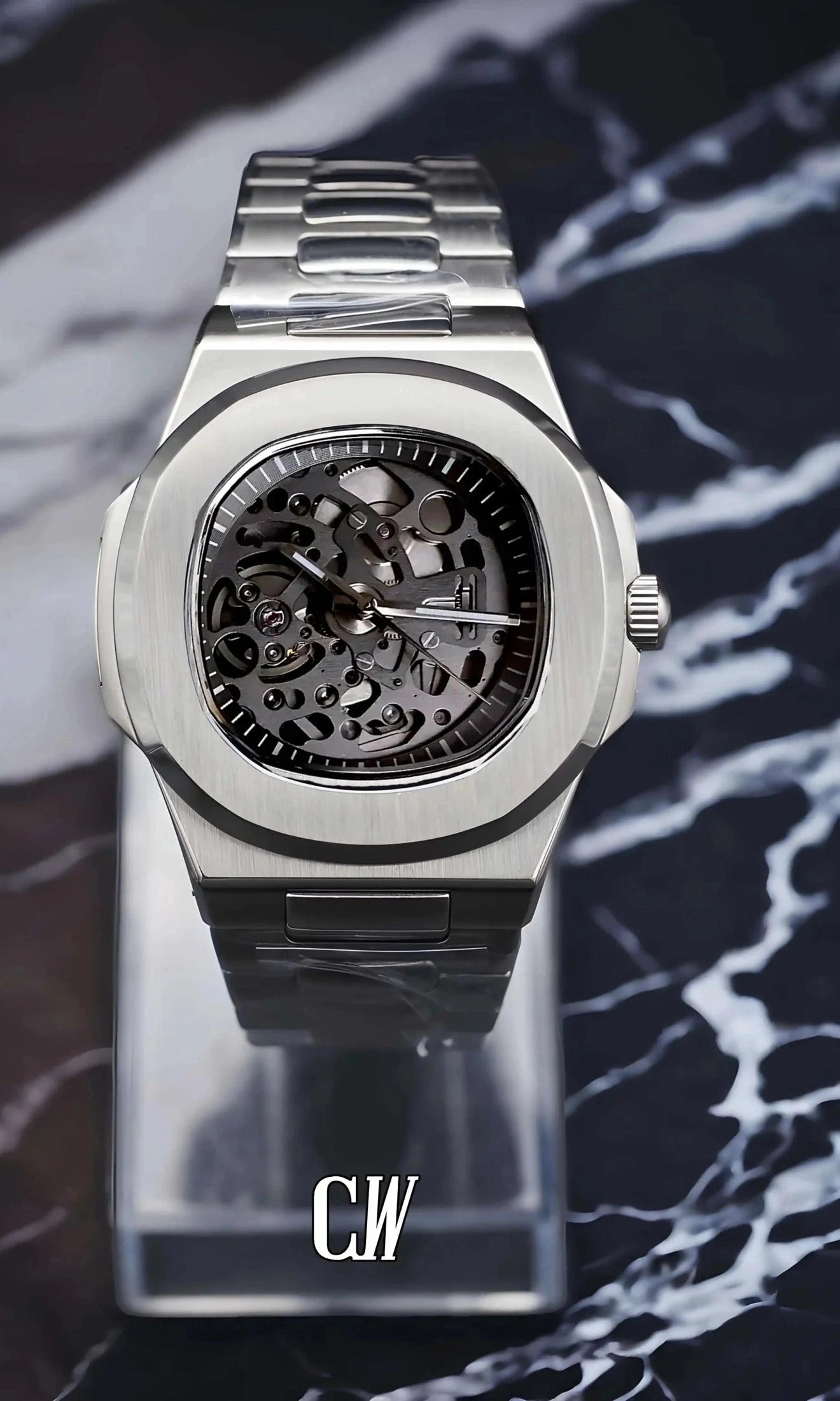 seiko mod Seikonautilus mod skeleton watch silver