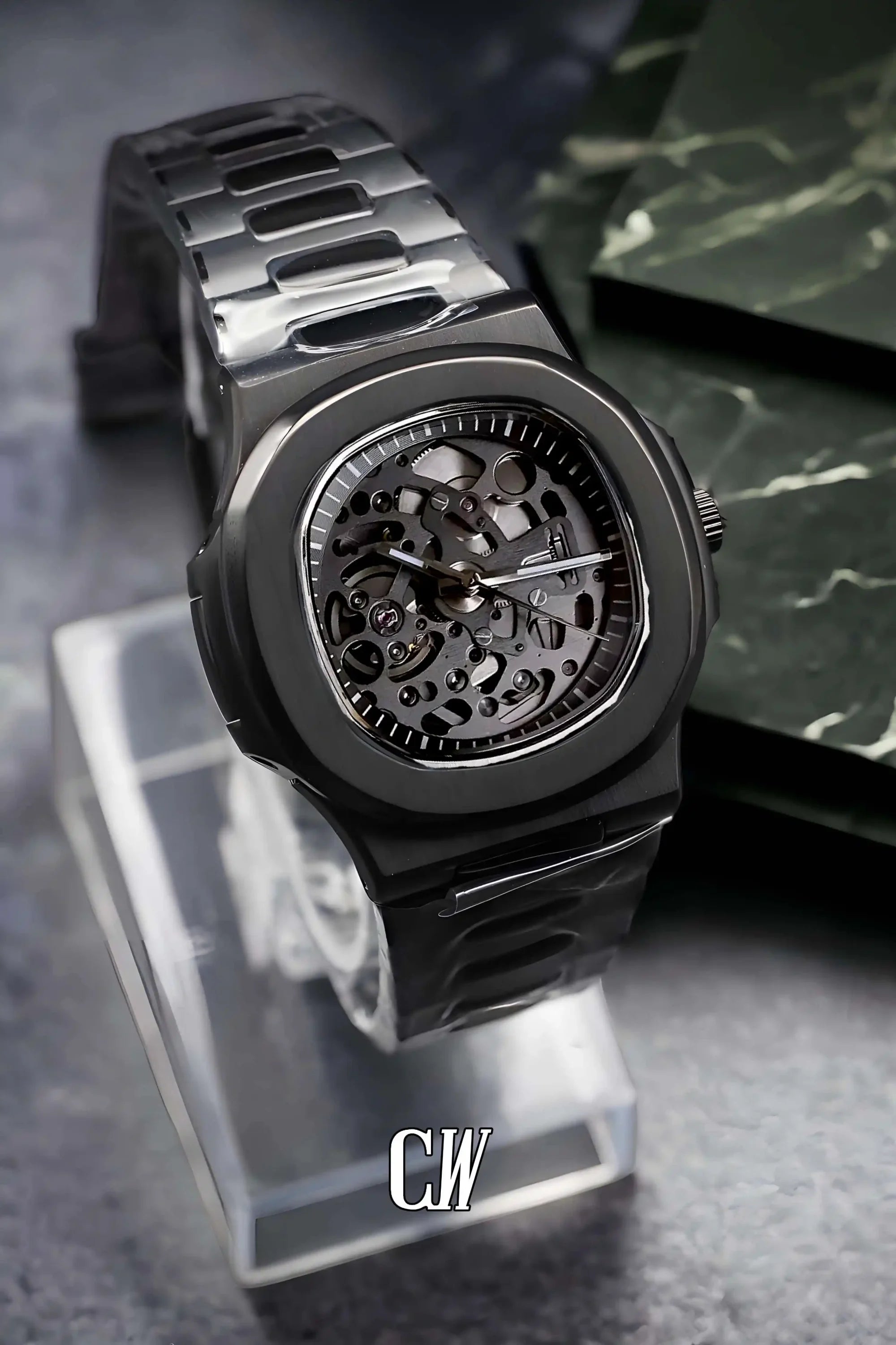 Seikonautilus mod skeleton watch triple black - Circa Watch Labs seiko mod