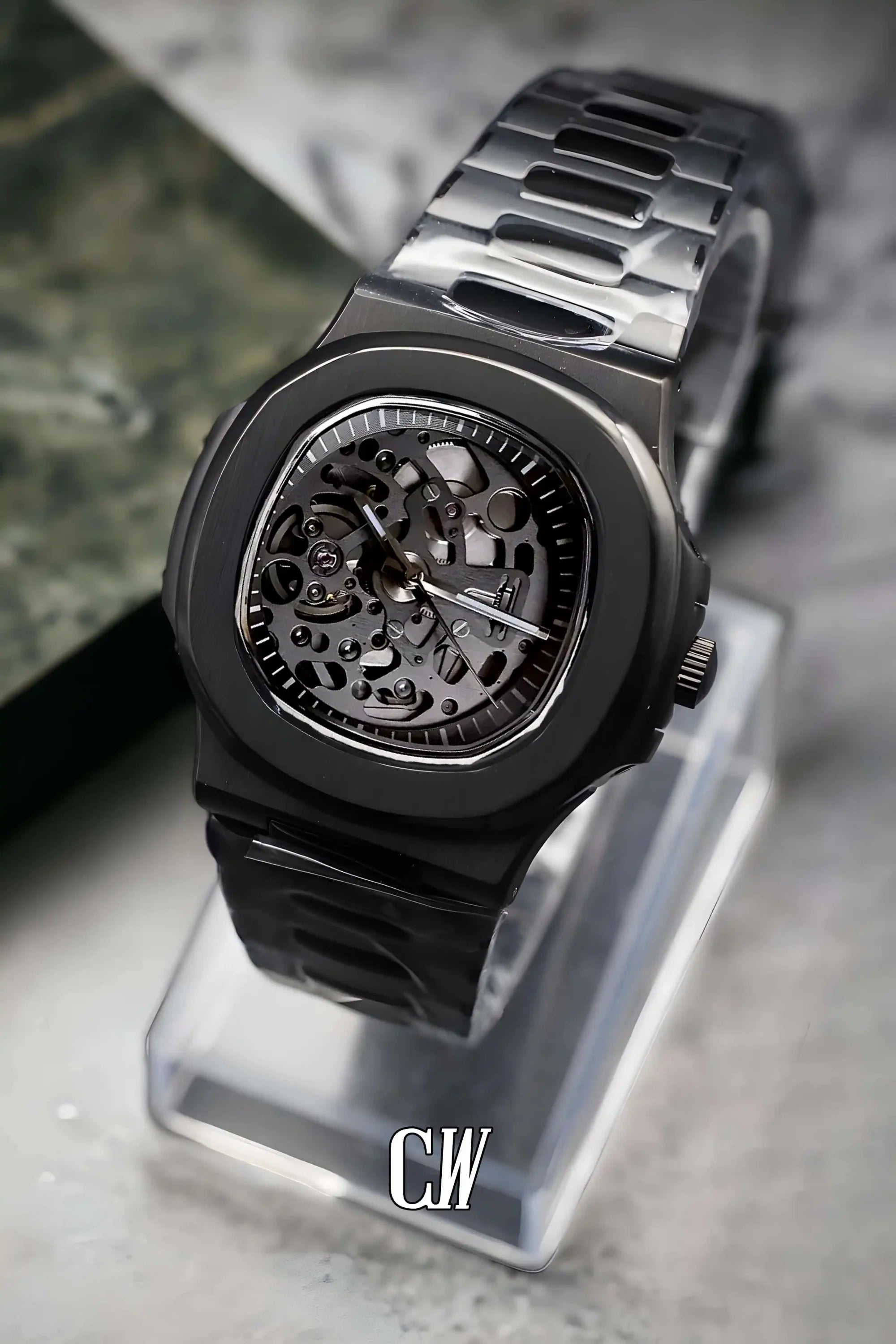 Seikonautilus mod skeleton watch triple black - Circa Watch Labs seiko mod