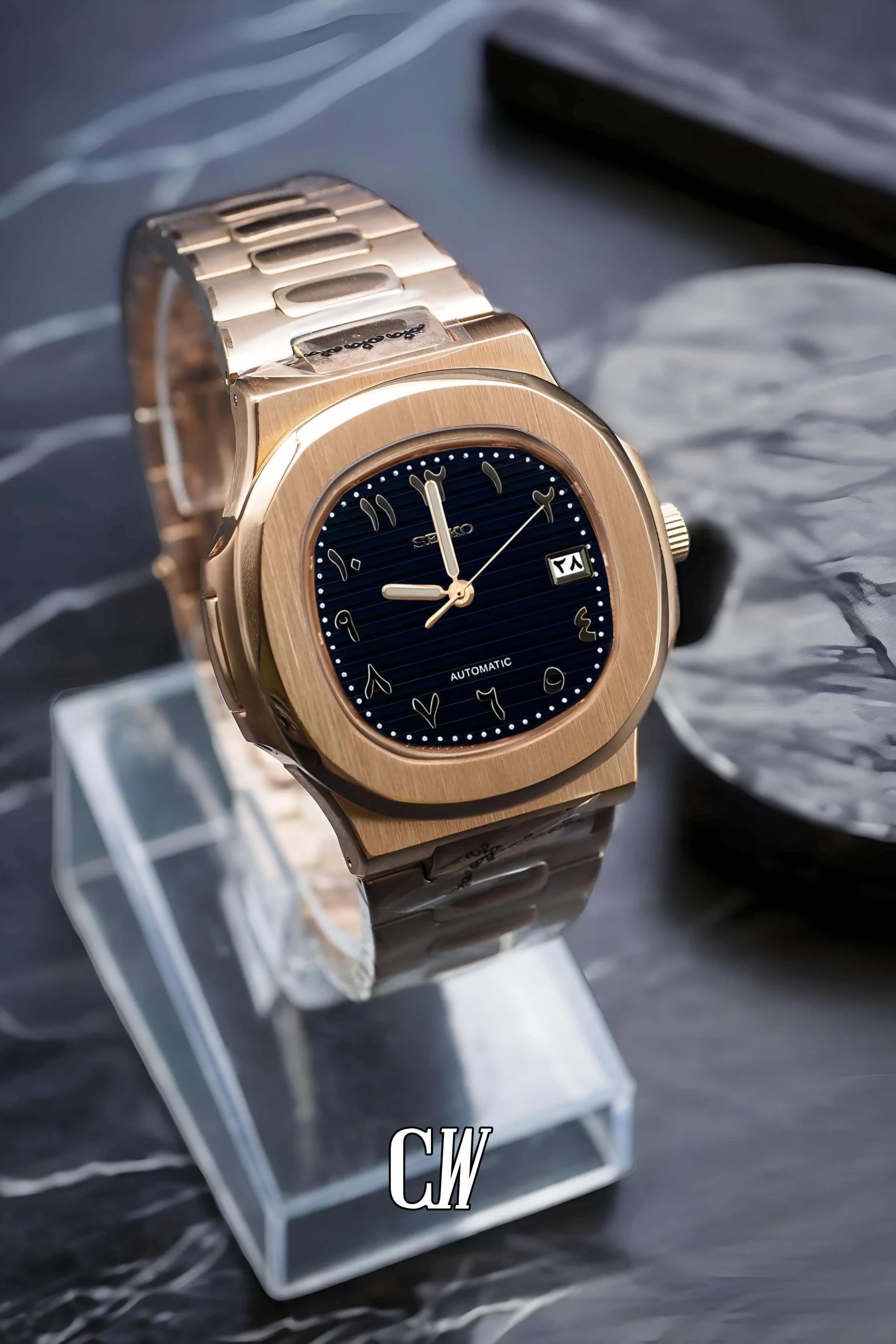 Seikonautilus mod watch arabic black rose gold - Circa Watch Labs seiko mod