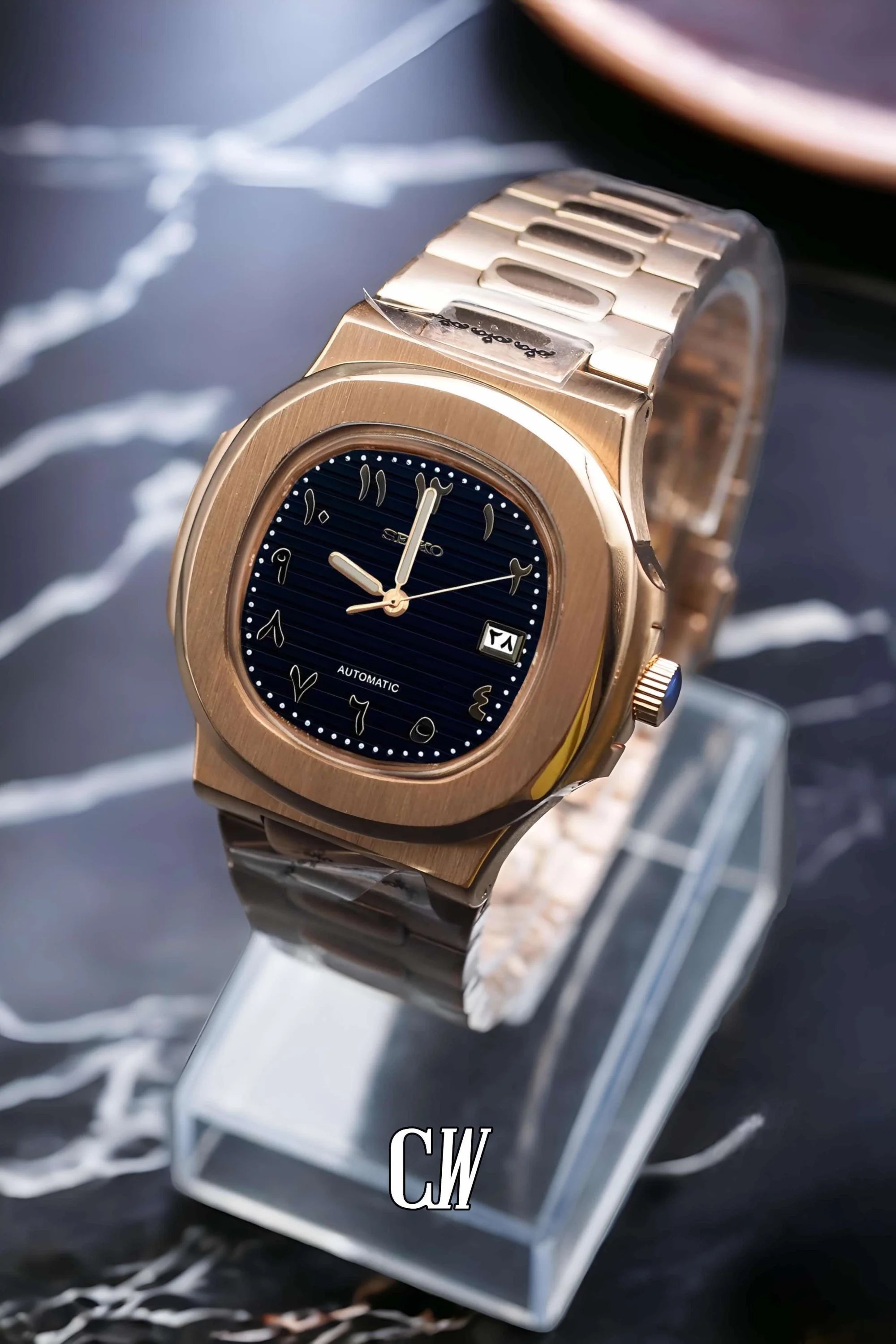 Seikonautilus mod watch arabic black rose gold - Circa Watch Labs