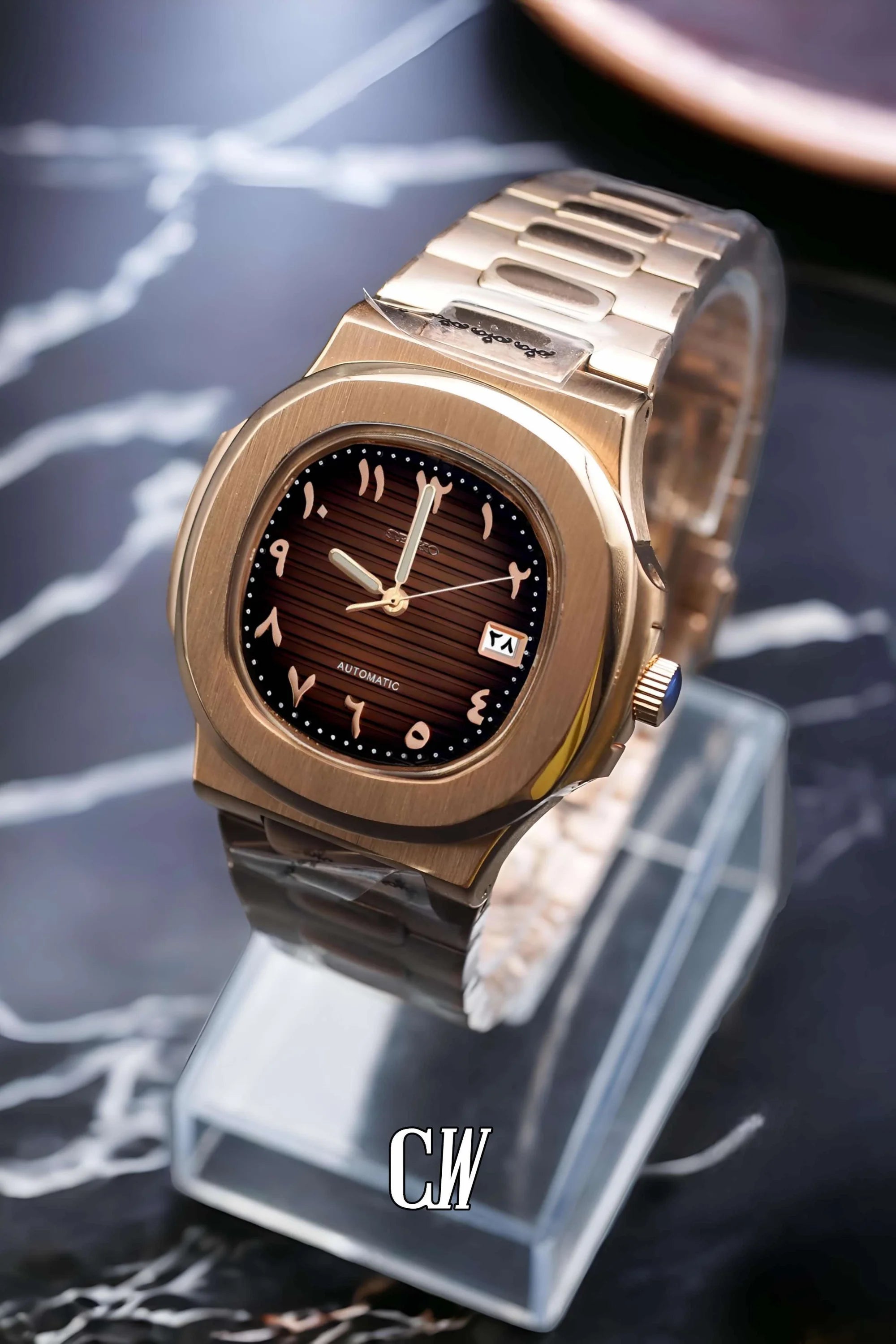 Seikonautilus mod watch arabic brown rose gold - Circa Watch Labs seiko mod
