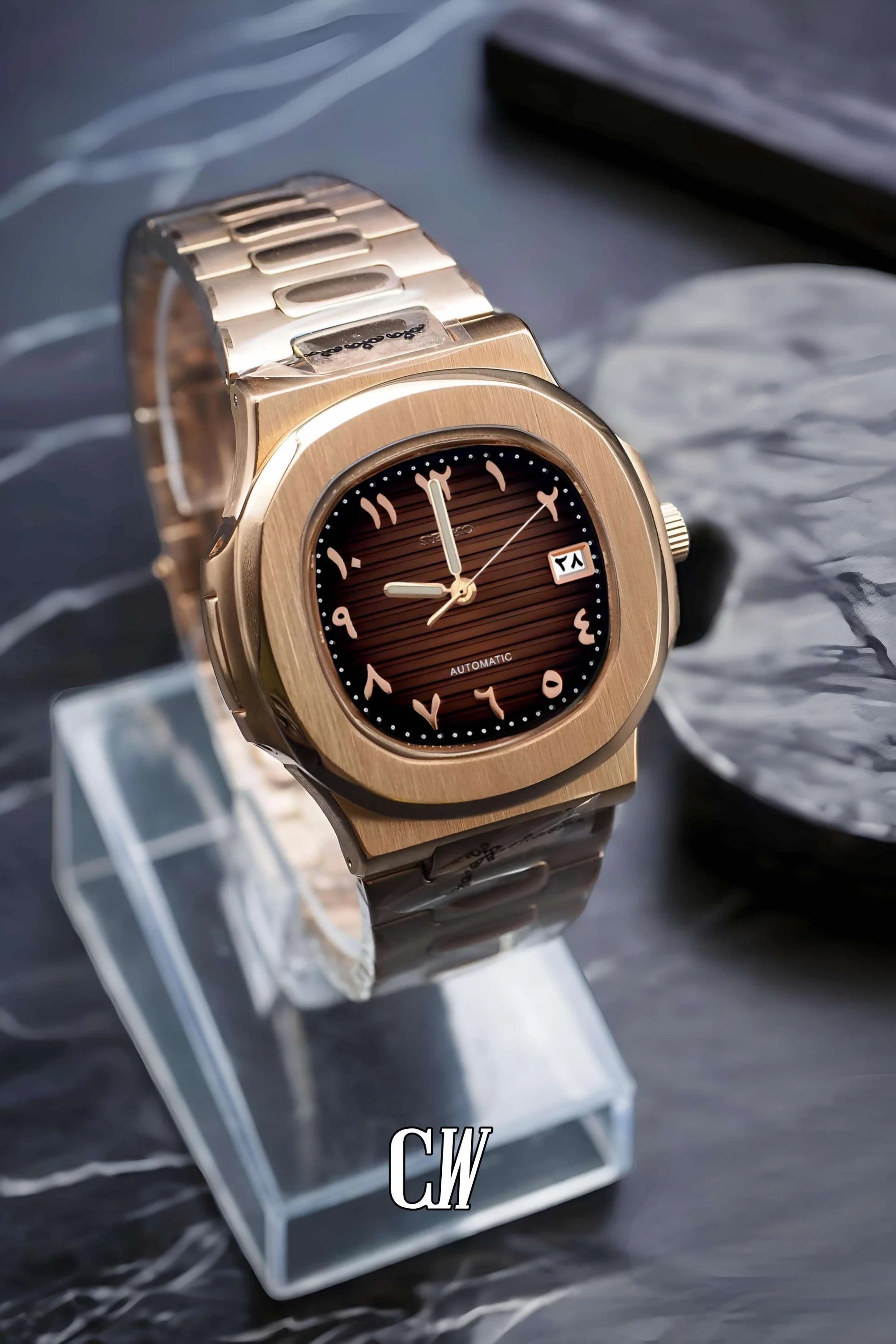 Seikonautilus mod watch arabic brown rose gold - Circa Watch Labs seiko mod