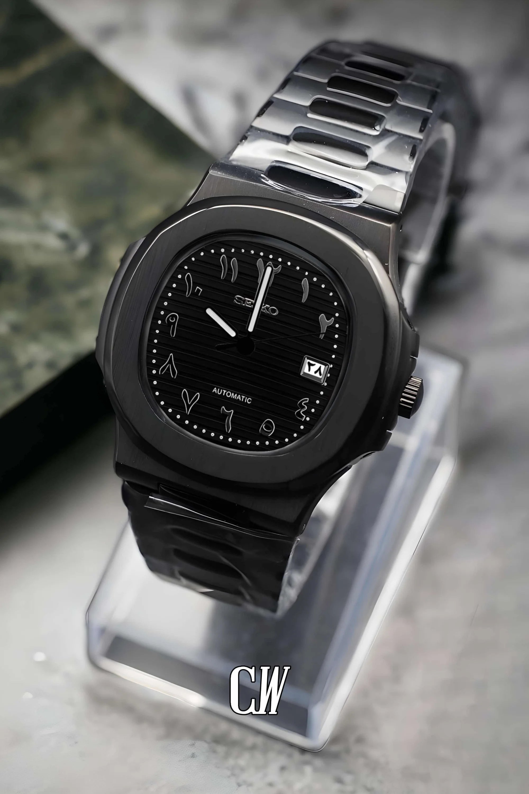 Seikonautilus mod watch arabic triple black - Circa Watch Labs seiko mod
