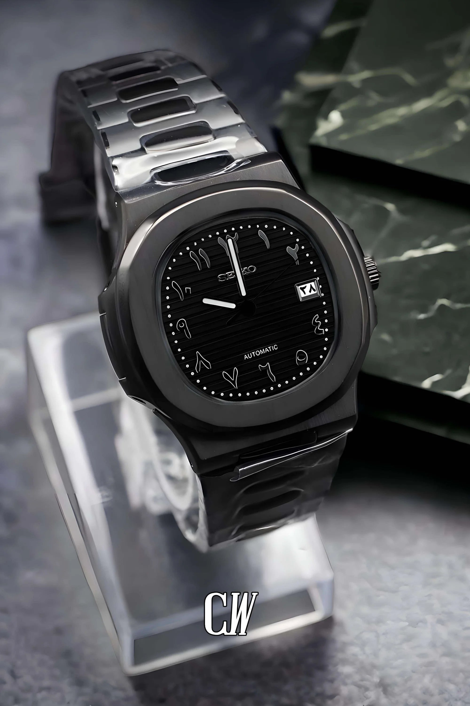 Seikonautilus mod watch arabic triple black - Circa Watch Labs seiko mod