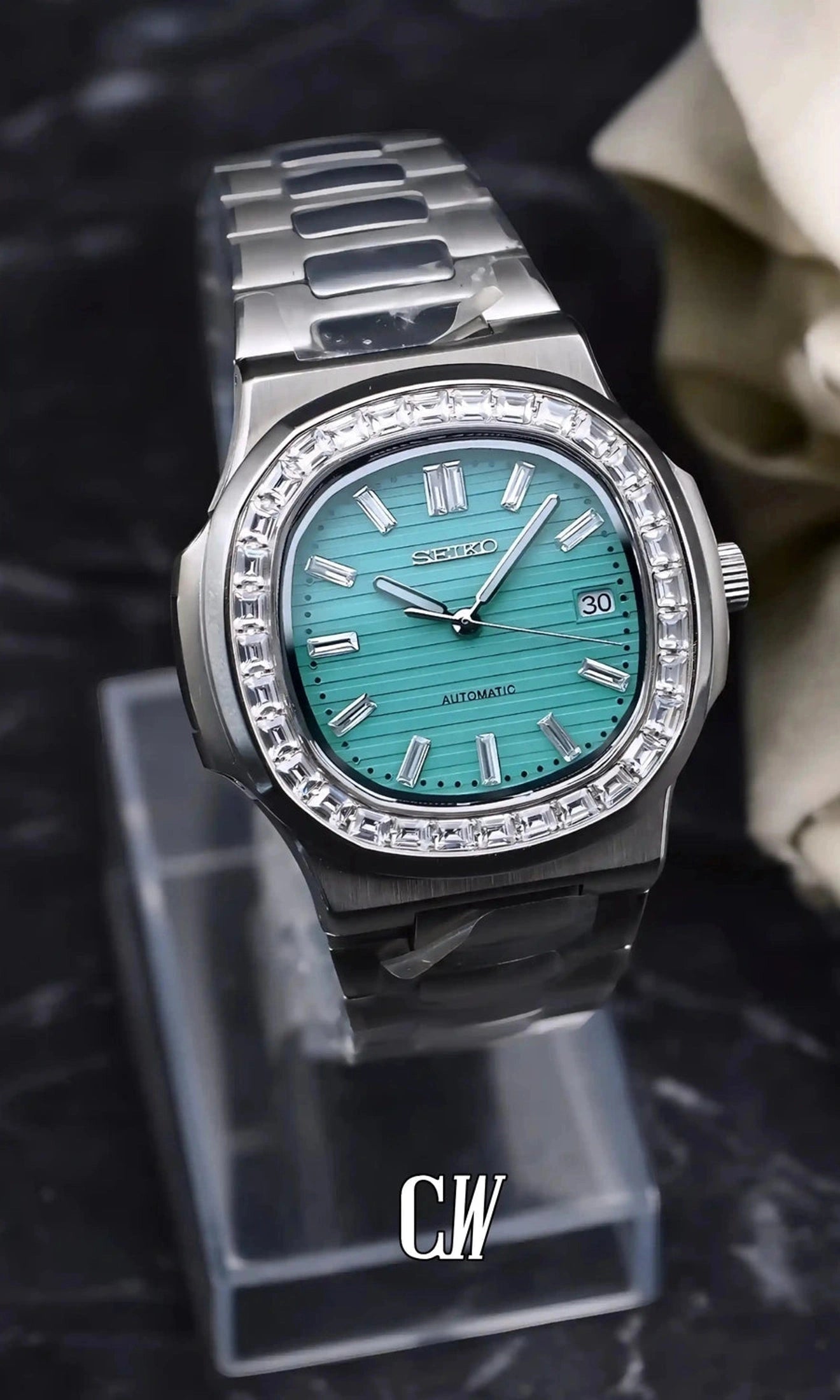 seiko mod Seikonautilus mod watch baguette 'tiffany' blue