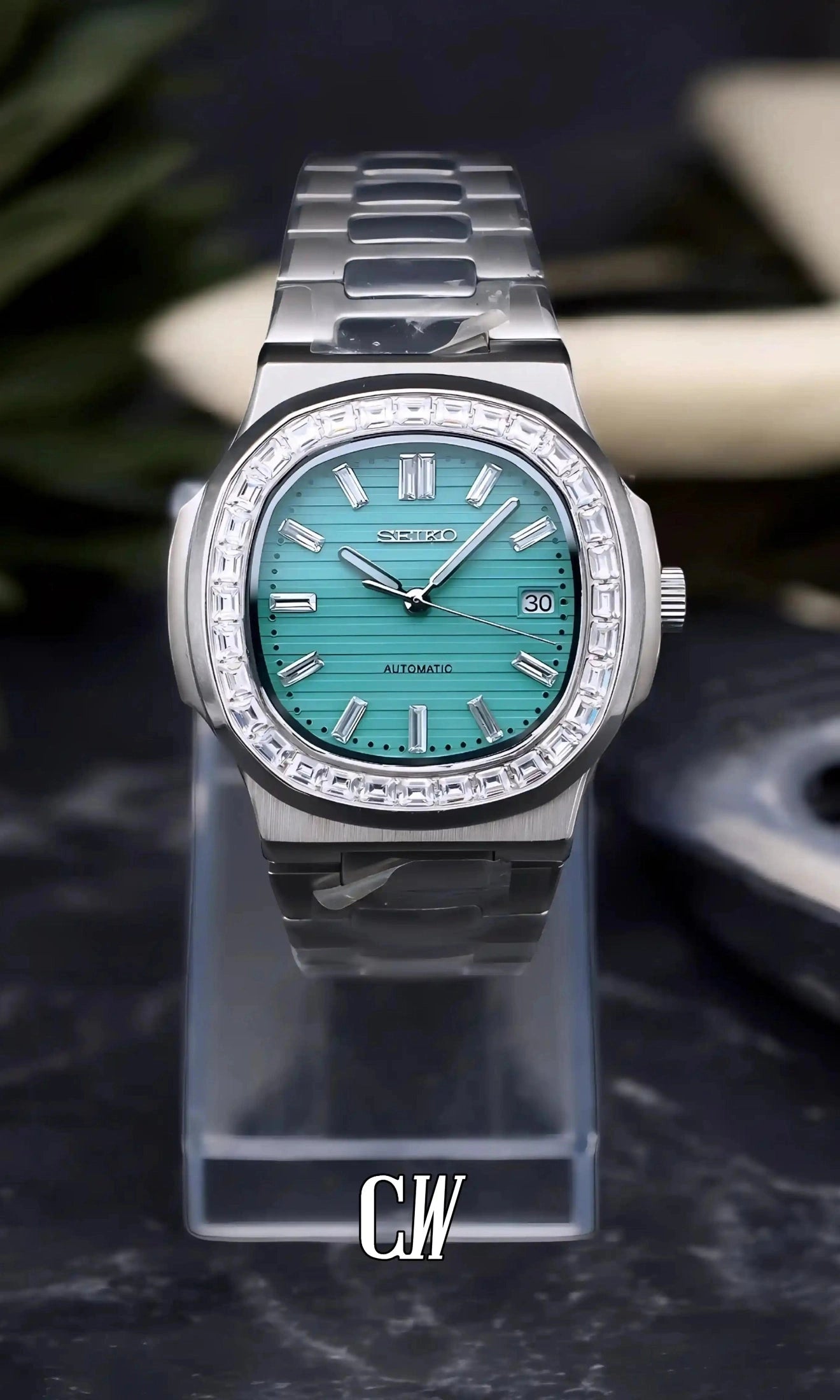 Seikonautilus mod watch baguette 'tiffany' blue - Circa Watch Labs