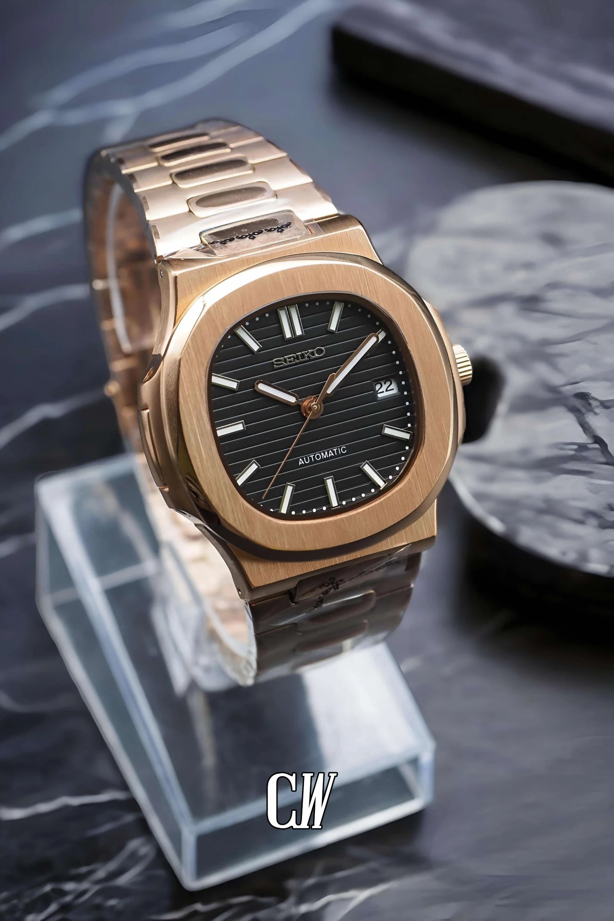 Seikonautilus mod watch rose gold black - Circa Watch Labs seiko mod