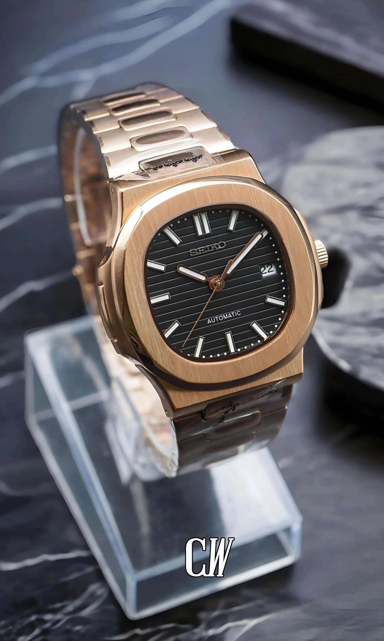 Seikonautilus mod watch rose gold black - Circa Watch Labs