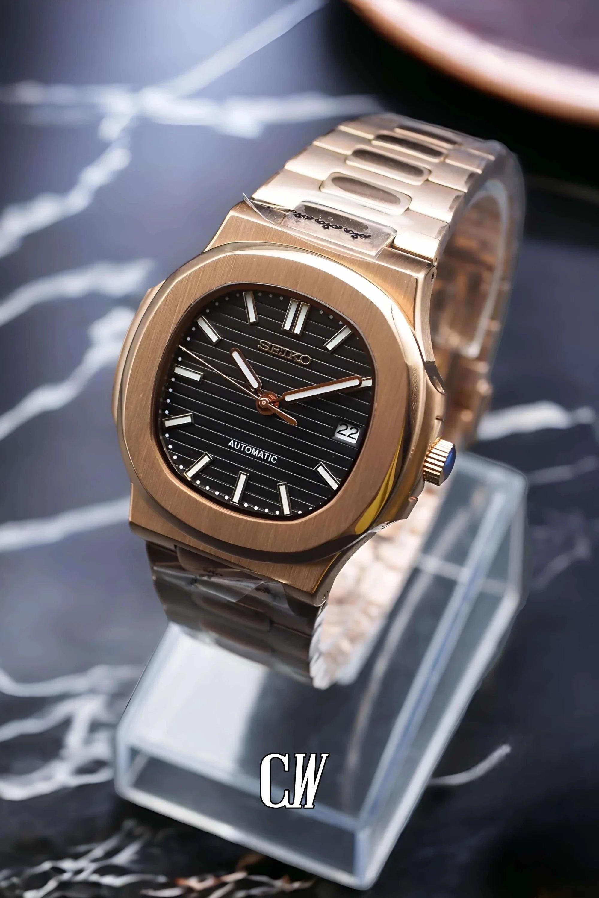 Seikonautilus mod watch rose gold black - Circa Watch Labs seiko mod
