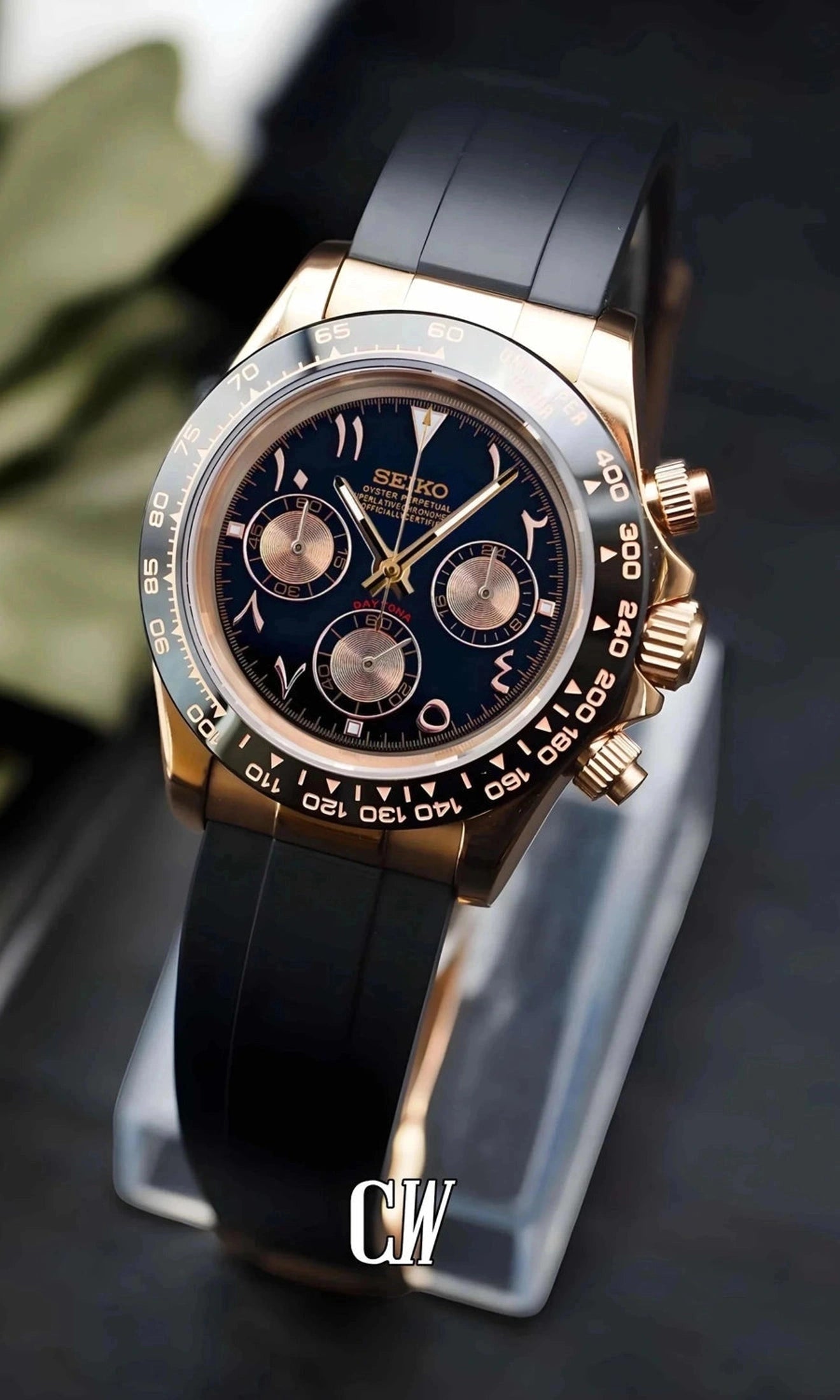 Seitona mod black rose gold arabic watch - Circa Watch Labs