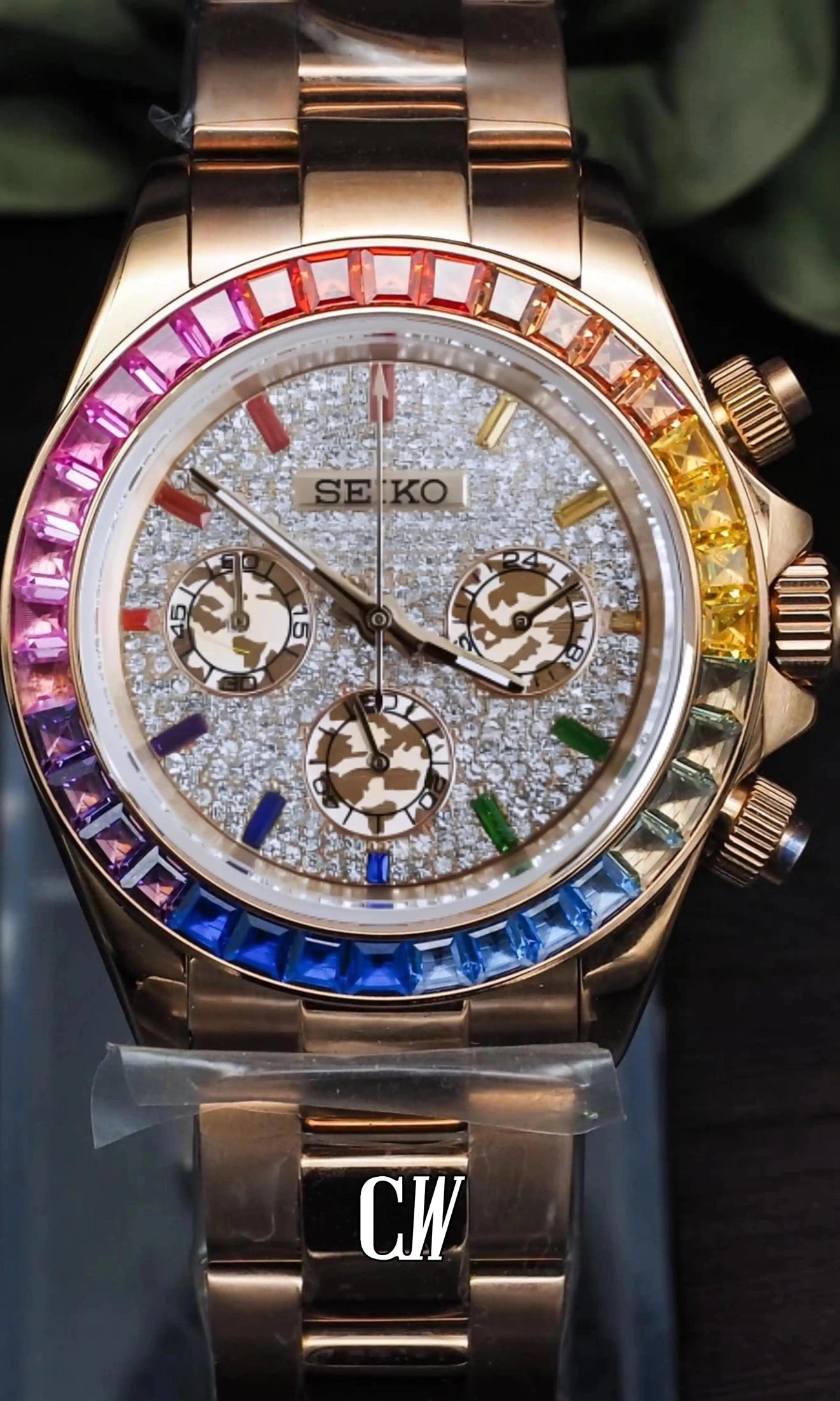 Seitona mod rainbow rose gold baguette style watch - Circa Watch Labs seiko mod