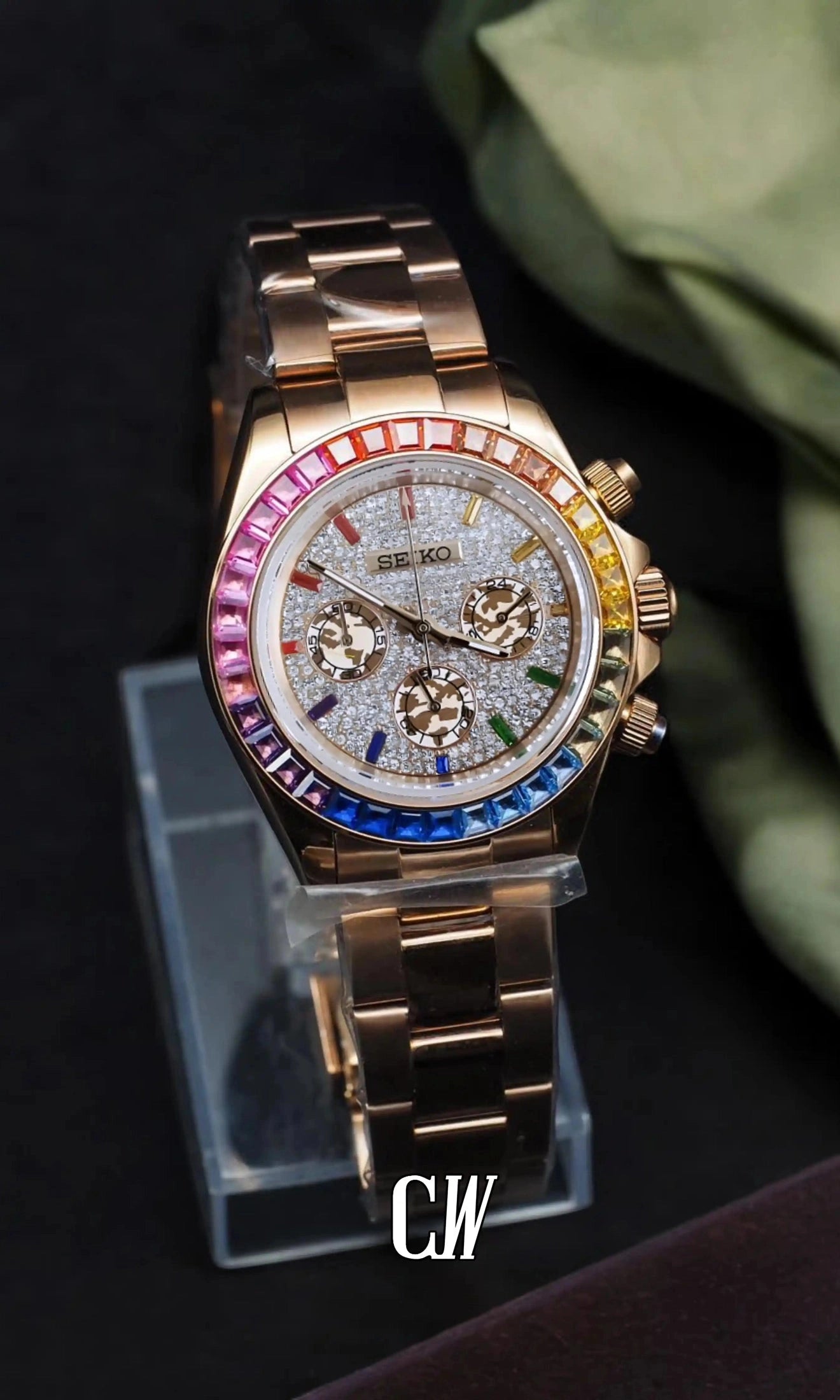Seitona mod rainbow rose gold baguette style watch - Circa Watch Labs seiko mod