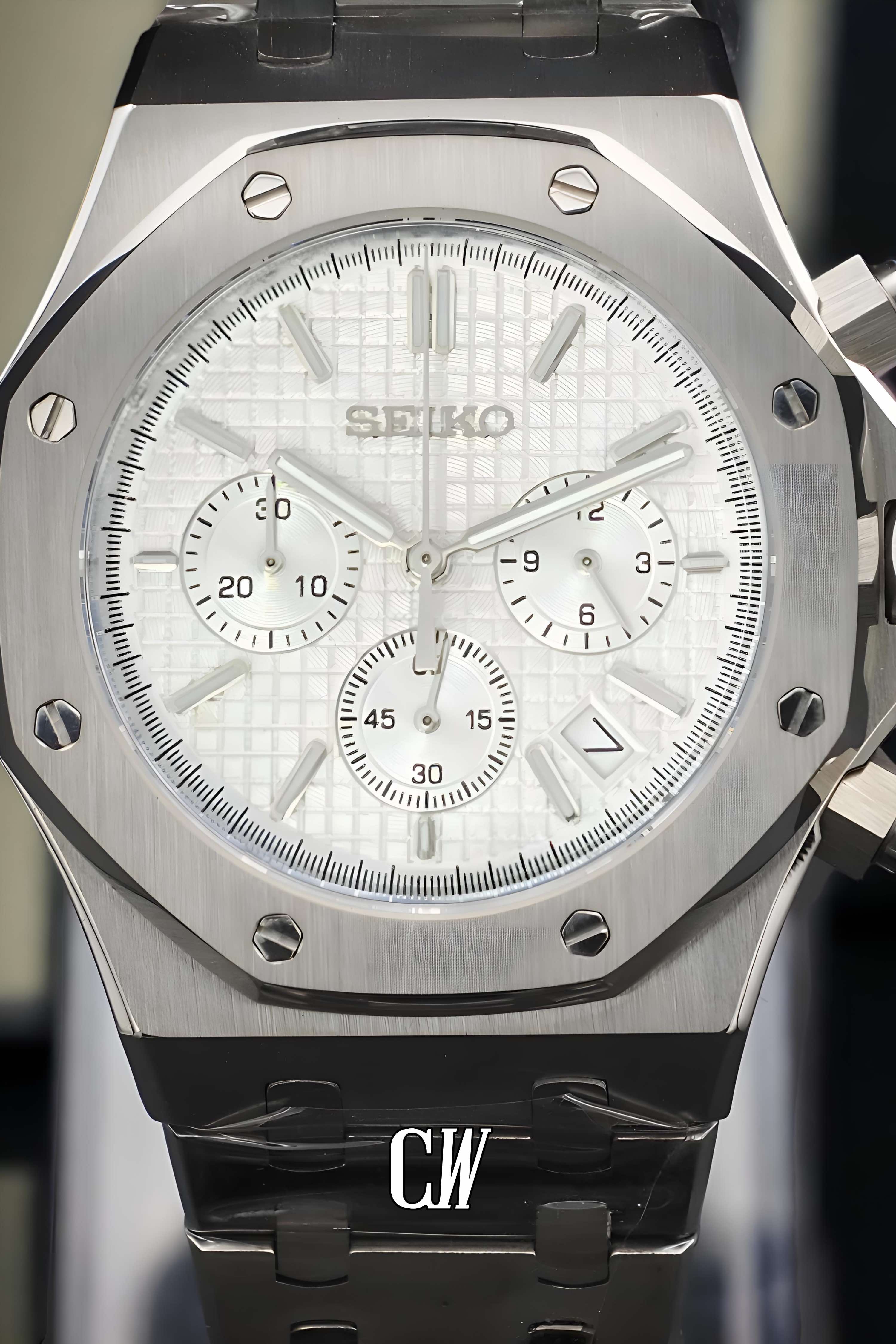 Mod Royal Seikoak chronograph triple white watch - Circa Watch Labs