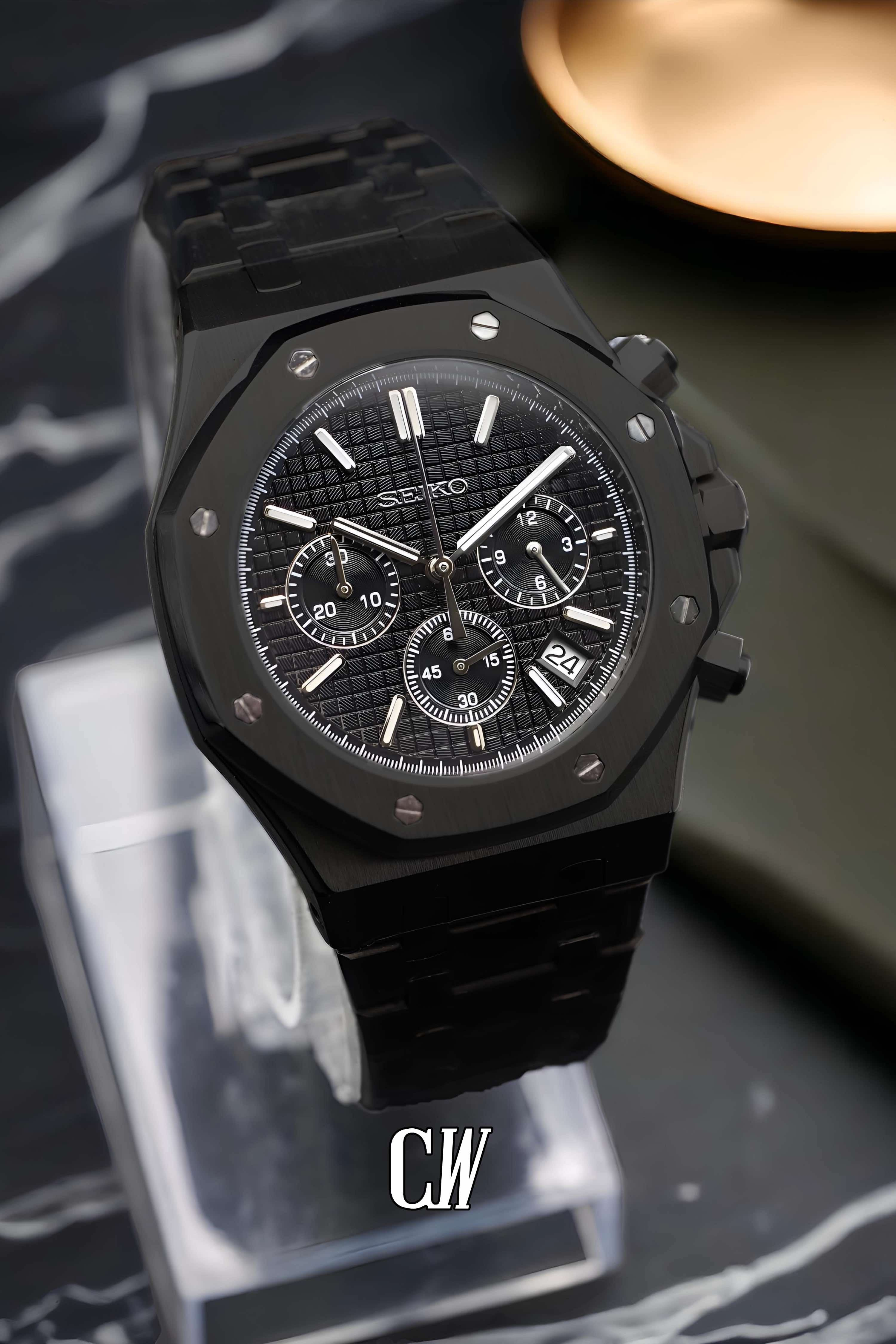 Mod Royal Seikoak chronograph triple black watch - Circa Watch Labs